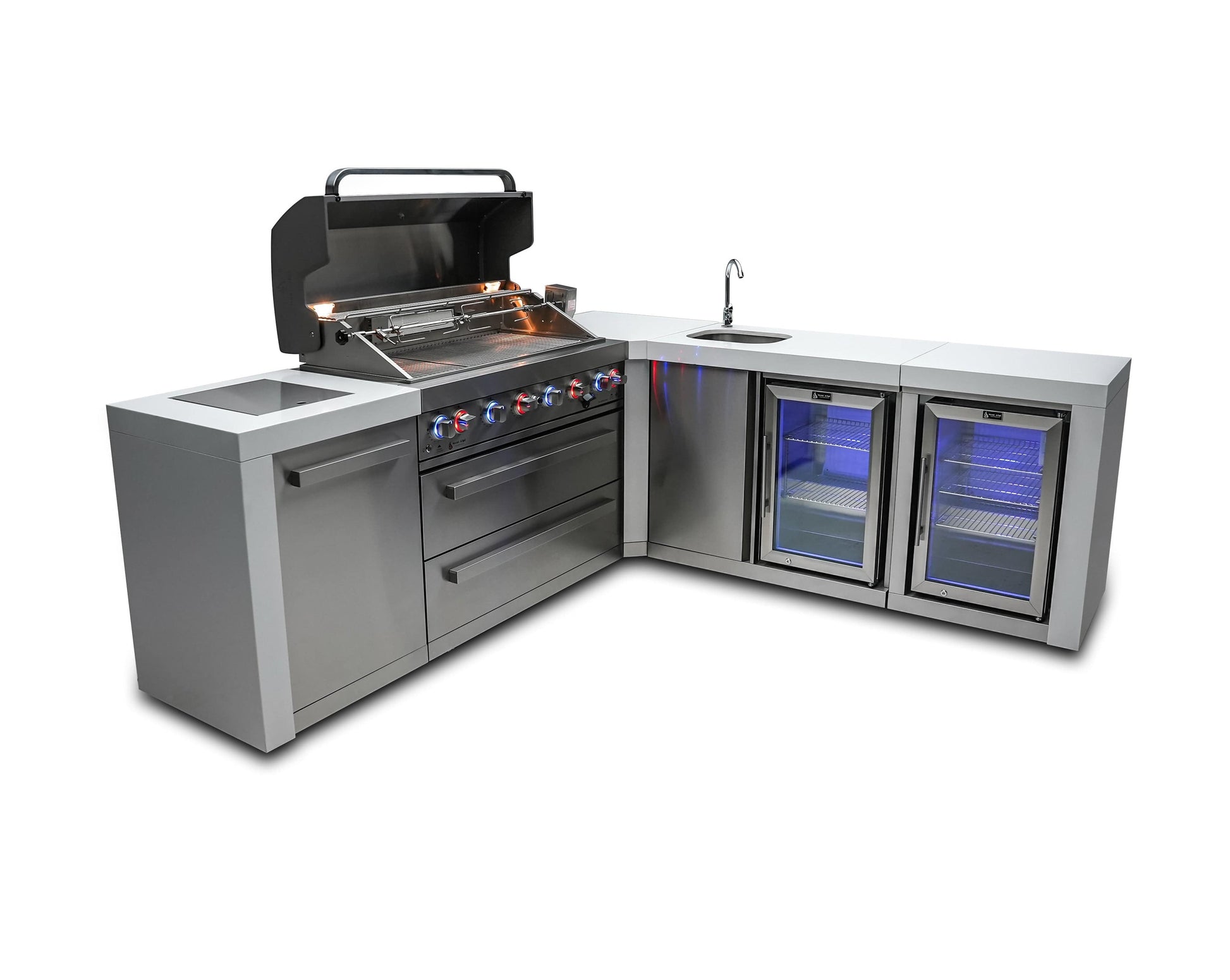 Mont Alpi Islands Mont Alpi 805 Deluxe Island with Beverage Center, Fridge Cabinet, and 90 Degree Corner / 6-Burner Grill, 2 Infrared Burners, Sink, 2 Fridges, Stainless Steel / MAi805-DBEV90FC