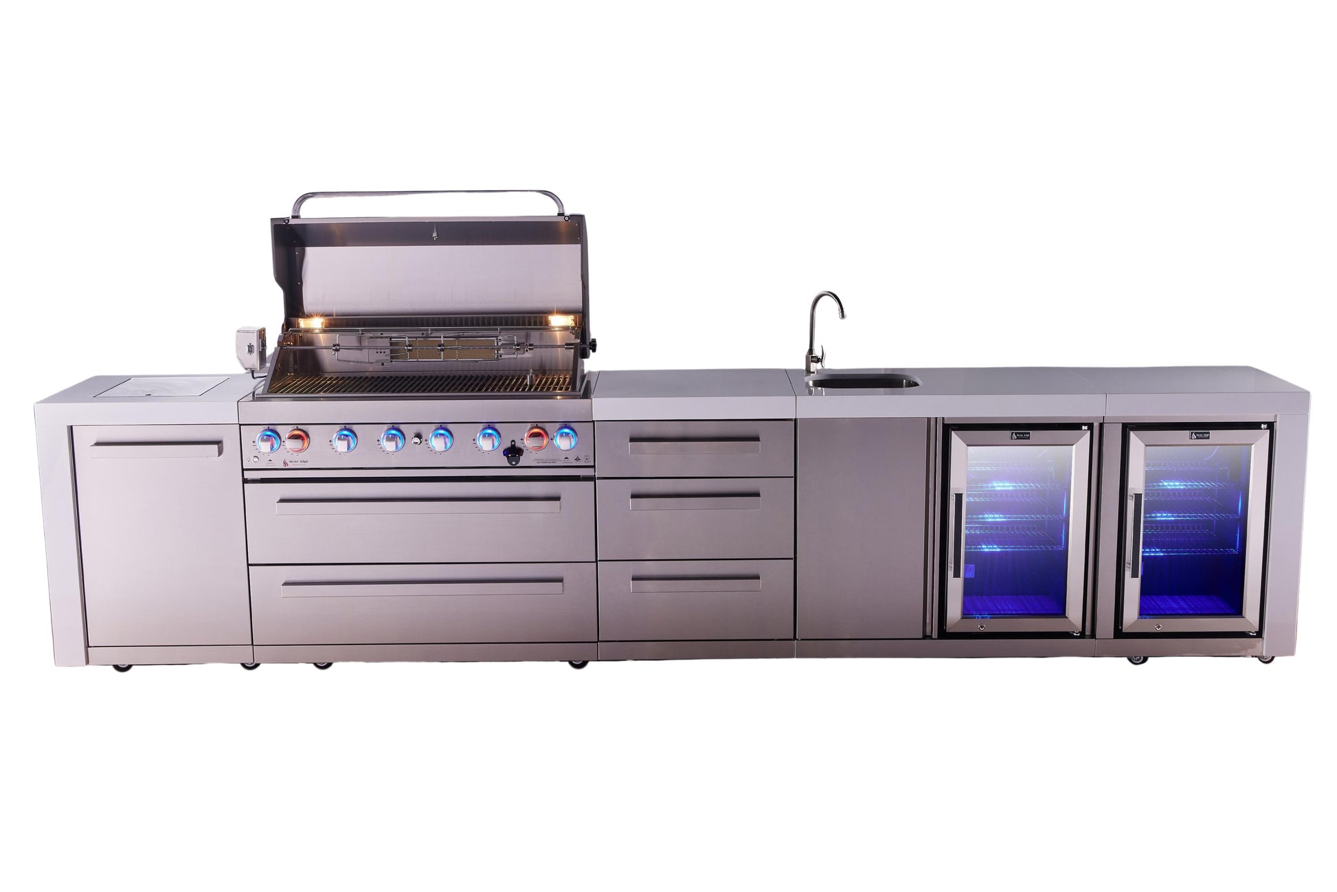 Mont Alpi Islands Mont Alpi 805 Deluxe Island with Beverage Center, Fridge Cabinet, and Drawer Cabinet | 6-Burner Grill, 3 Drawers, Sink, 2 Fridges, Stainless Steel | MAi805-DBEVFCDR