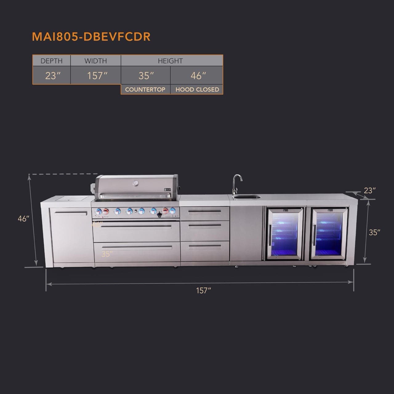 Mont Alpi Islands Mont Alpi 805 Deluxe Island with Beverage Center, Fridge Cabinet, and Drawer Cabinet | 6-Burner Grill, 3 Drawers, Sink, 2 Fridges, Stainless Steel | MAi805-DBEVFCDR