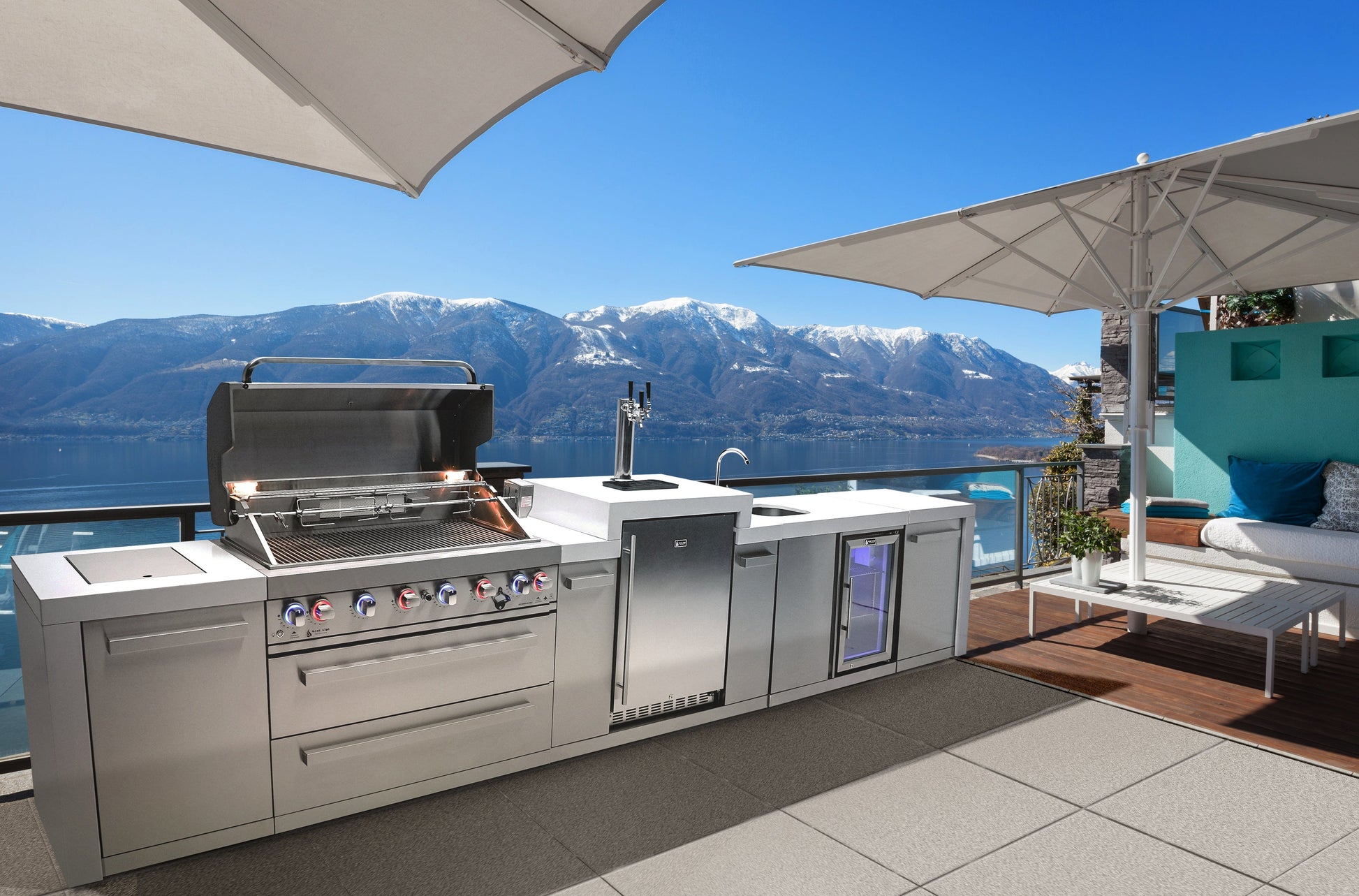 Mont Alpi Islands Mont Alpi 805 Deluxe Island with Beverage Center & Kegerator / 6-Burner Grill, 2 Infrared Burners, Sink, Fridge, 3 Beer Taps, Stainless Steel, Waterfall Sides / MAi805-DKEGBEV