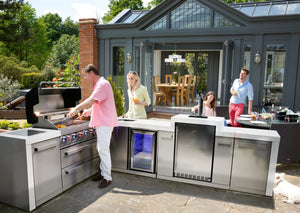 Mont Alpi Islands Mont Alpi 805 Deluxe Island with Beverage Center & Kegerator & 90 Degree Corner / 6-Burner Grill, 2 Infrared Burners, Sink, Fridge, 3 Beer Taps, Stainless Steel / MAi805-D90KEGBEV