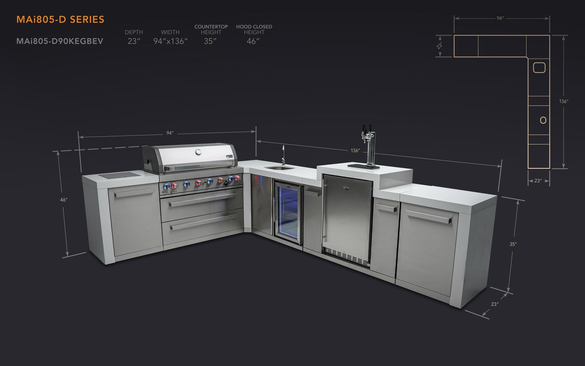 Mont Alpi Islands Mont Alpi 805 Deluxe Island with Beverage Center, Kegerator, and 90 Degree Corner / 6-Burner Grill, 2 Infrared Burners, Sink, Fridge, 3 Beer Taps, Stainless Steel / MAi805-D90KEGBEV