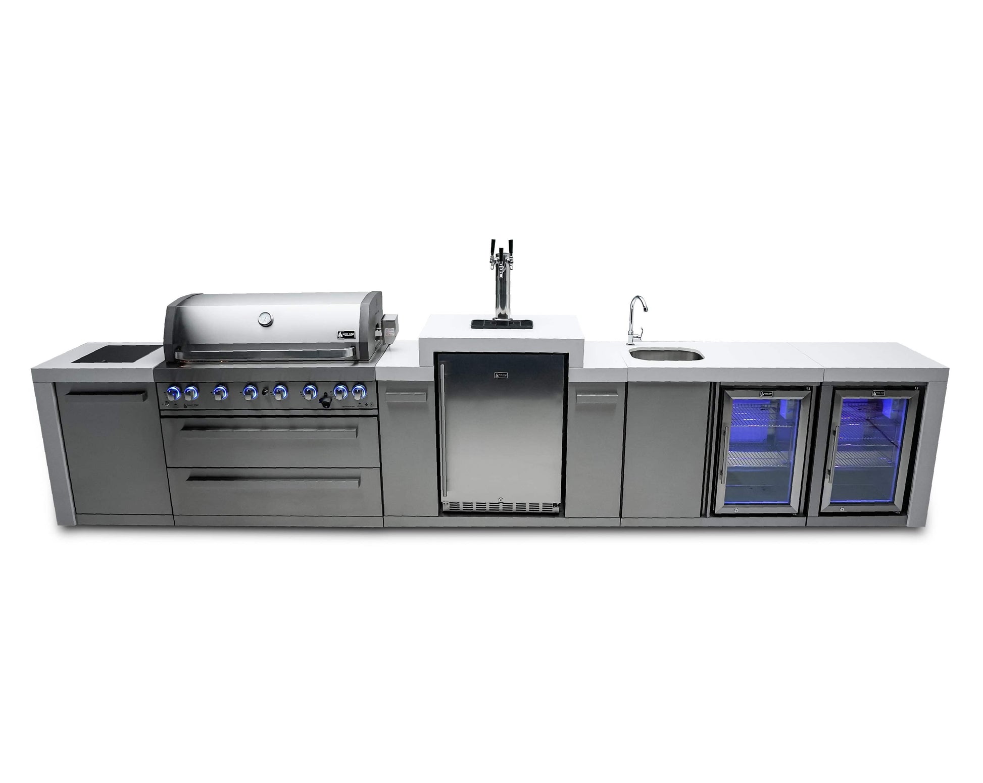 Mont Alpi Islands Mont Alpi 805 Deluxe Island with Beverage Center, Kegerator, and Fridge Cabinet / 6-Burner Grill, 2 Infrared Burners, Sink, 2 Fridges, 3 Beer Taps, Stainless Steel / MAi805-DKEGBEVFC