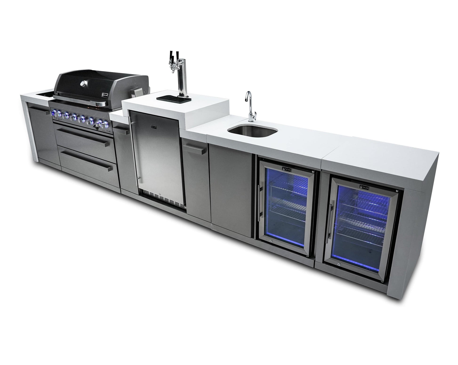 Mont Alpi Islands Mont Alpi 805 Deluxe Island with Beverage Center, Kegerator, and Fridge Cabinet / 6-Burner Grill, 2 Infrared Burners, Sink, 2 Fridges, 3 Beer Taps, Stainless Steel / MAi805-DKEGBEVFC