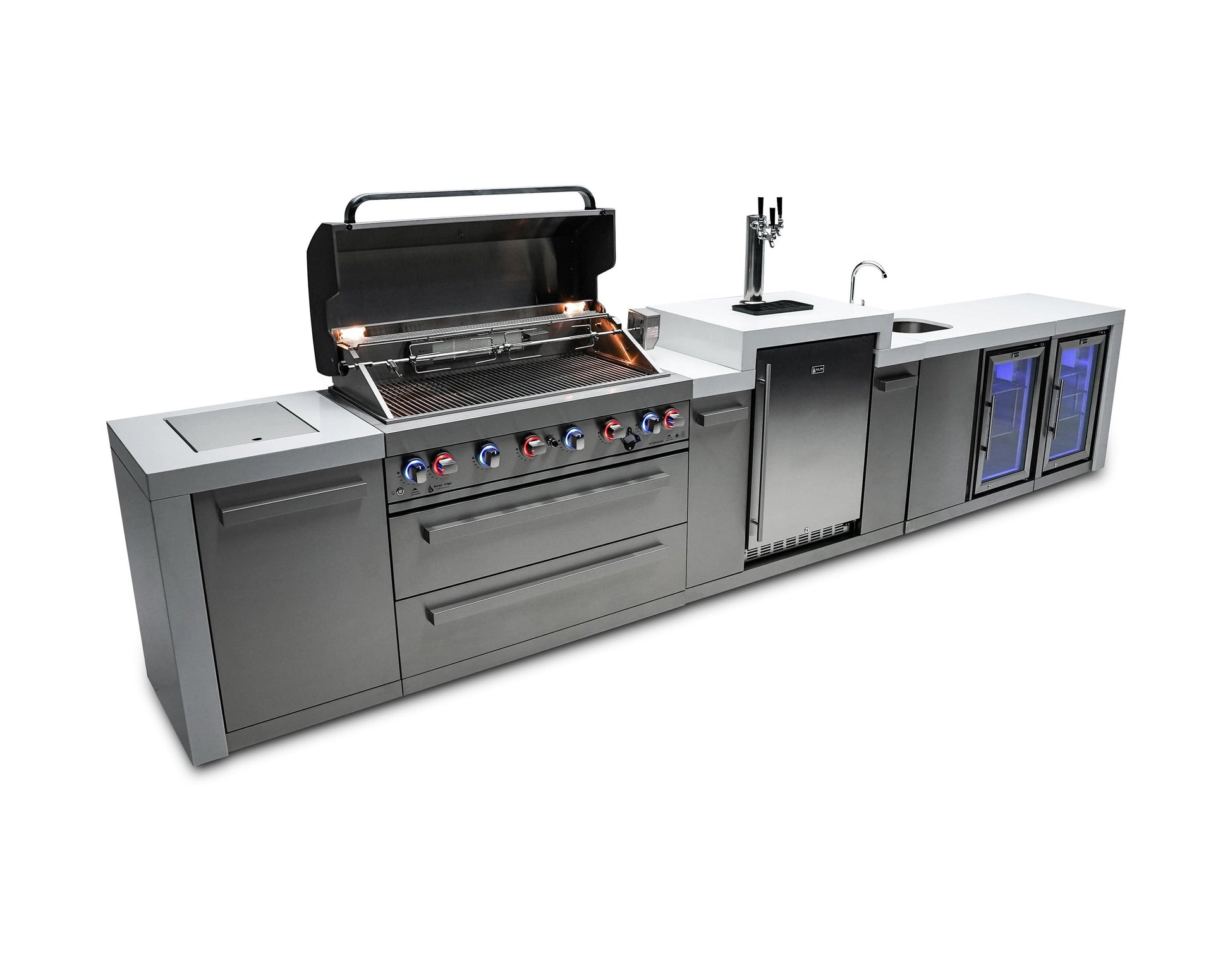Mont Alpi Islands Mont Alpi 805 Deluxe Island with Beverage Center, Kegerator, and Fridge Cabinet / 6-Burner Grill, 2 Infrared Burners, Sink, 2 Fridges, 3 Beer Taps, Stainless Steel / MAi805-DKEGBEVFC