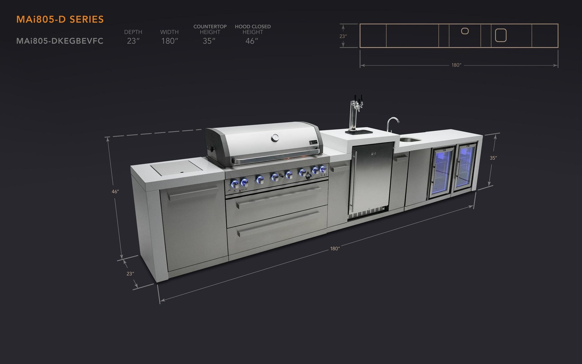 Mont Alpi Islands Mont Alpi 805 Deluxe Island with Beverage Center, Kegerator, and Fridge Cabinet / 6-Burner Grill, 2 Infrared Burners, Sink, 2 Fridges, 3 Beer Taps, Stainless Steel / MAi805-DKEGBEVFC