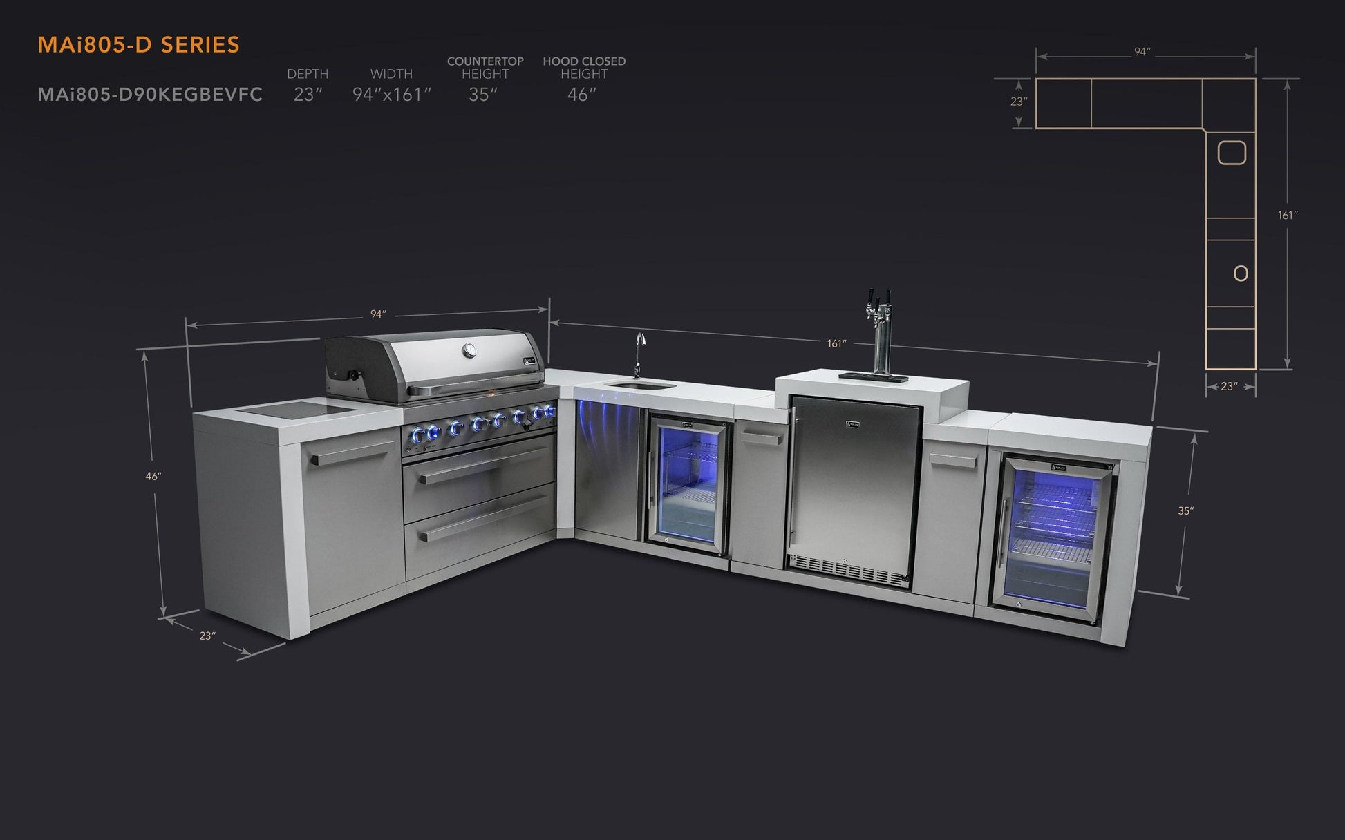 Mont Alpi Islands Mont Alpi 805 Deluxe Island with Beverage Center, Kegerator, Fridge Cabinet, and 90 Degree Corner / 6-Burner Grill, 2 Infrared Burners, Sink, 2 Fridges, 3 Beer Taps, Stainless Steel / MAi805-D90KEGBEVFC