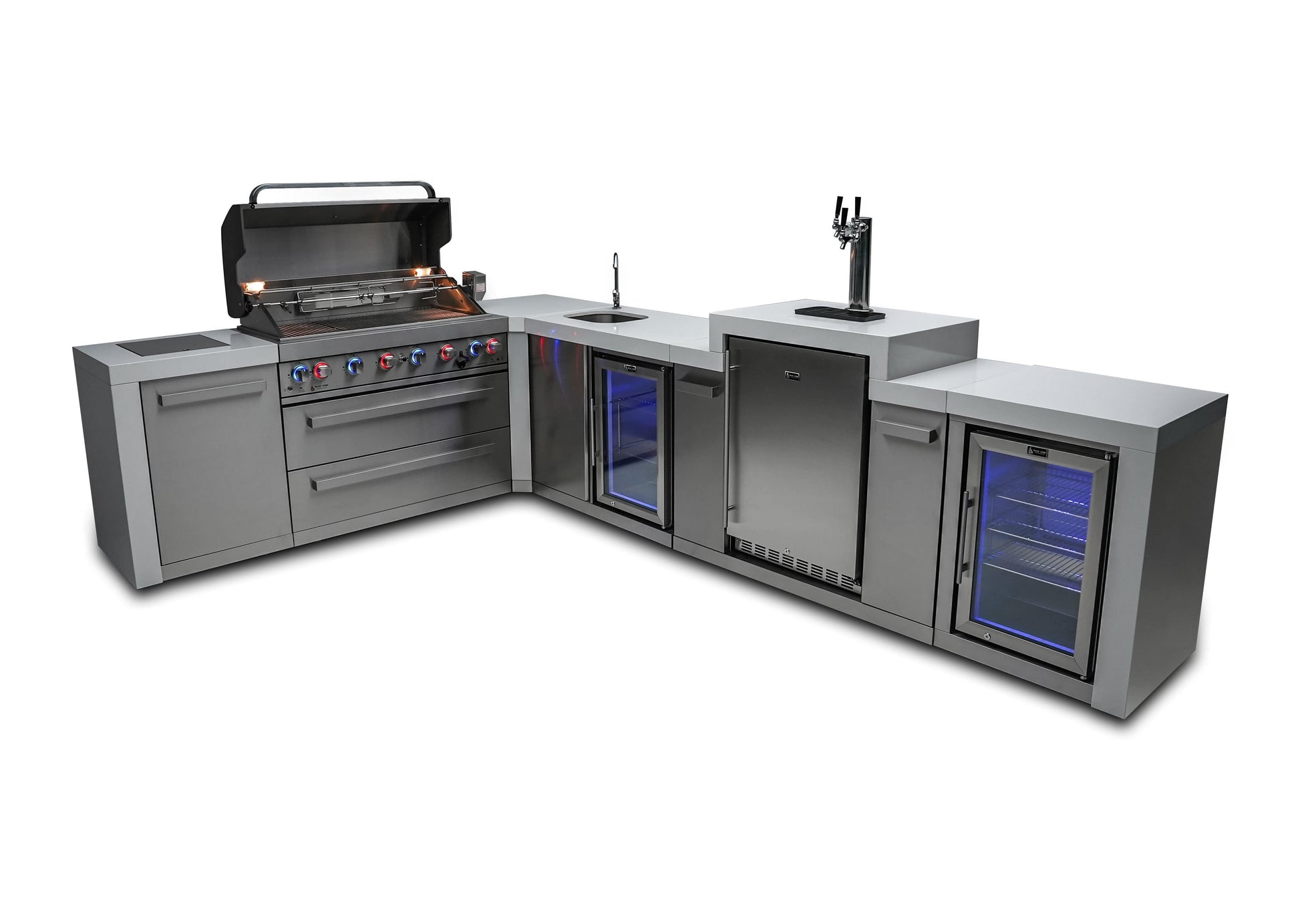 Mont Alpi Islands Mont Alpi 805 Deluxe Island with Beverage Center, Kegerator, Fridge Cabinet, and 90 Degree Corner / 6-Burner Grill, 2 Infrared Burners, Sink, 2 Fridges, 3 Beer Taps, Stainless Steel / MAi805-D90KEGBEVFC