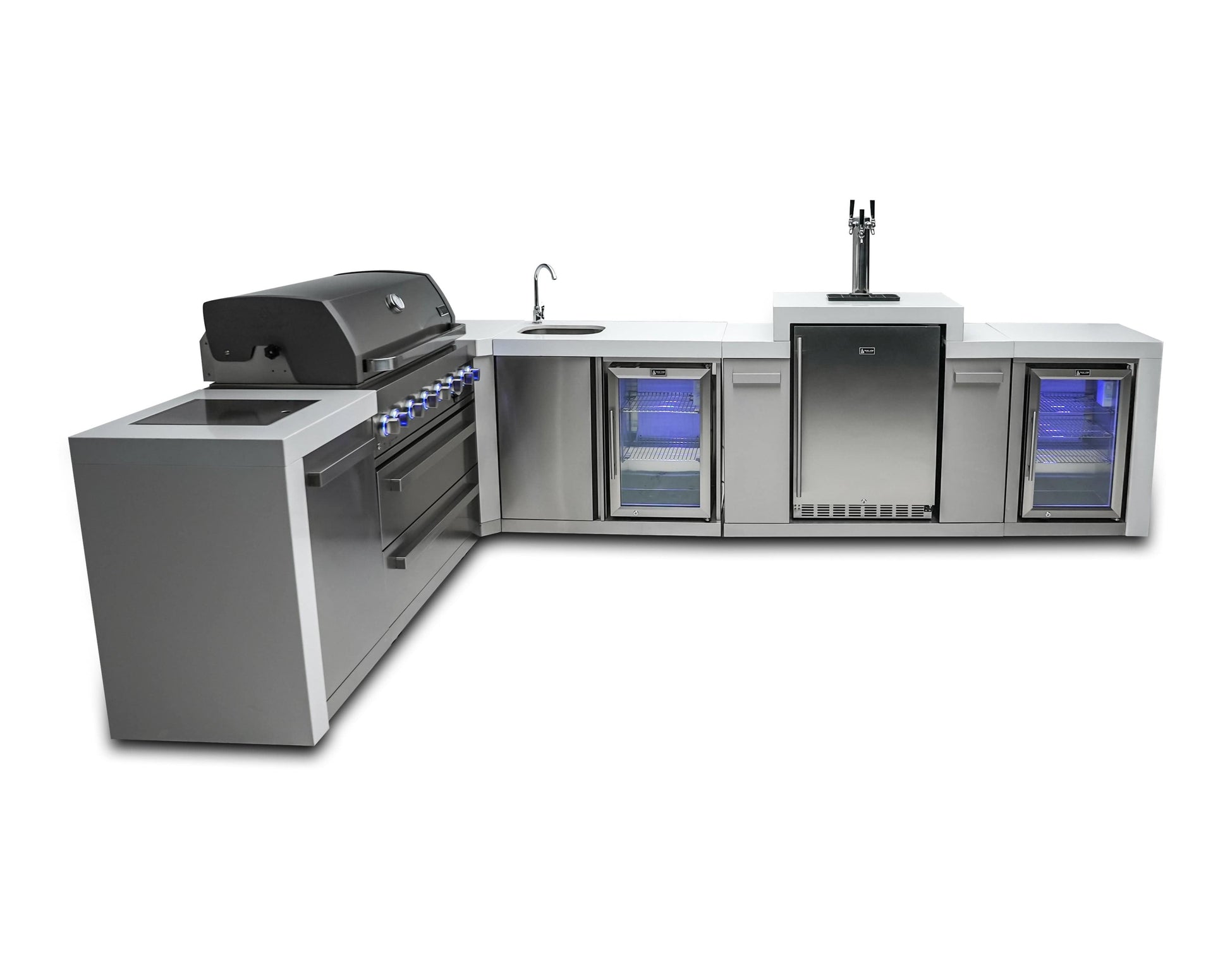 Mont Alpi Islands Mont Alpi 805 Deluxe Island with Beverage Center, Kegerator, Fridge Cabinet, and 90 Degree Corner / 6-Burner Grill, 2 Infrared Burners, Sink, 2 Fridges, 3 Beer Taps, Stainless Steel / MAi805-D90KEGBEVFC