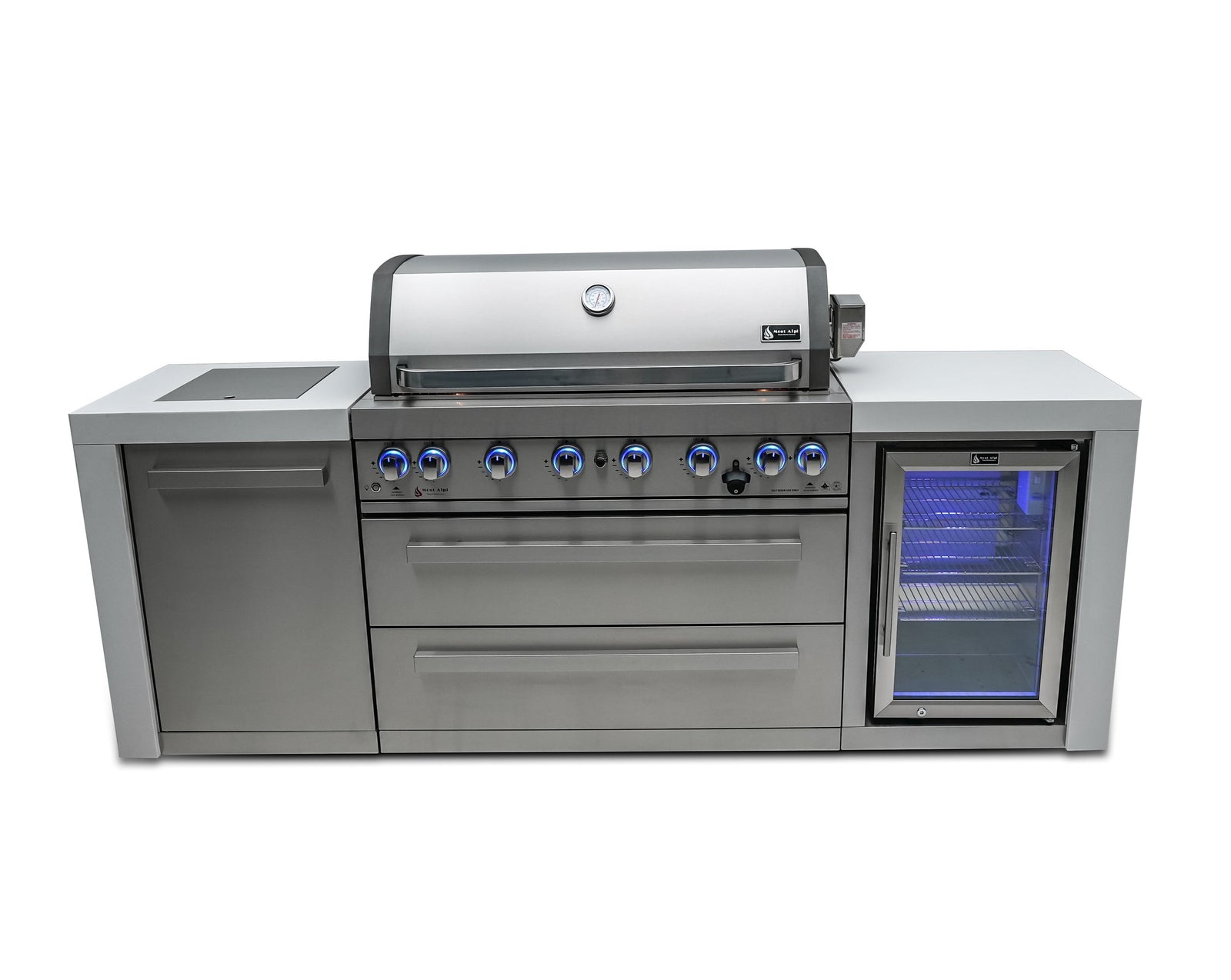 Mont Alpi Islands Mont Alpi 805 Deluxe Island with Fridge Cabinet / 6-Burner Grill, 2 Infrared Burners, Fridge, Stainless Steel  / MAi805-DFC