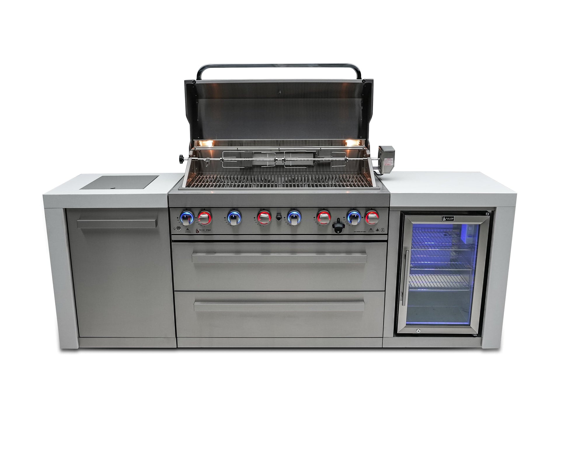Mont Alpi Islands Mont Alpi 805 Deluxe Island with Fridge Cabinet / 6-Burner Grill, 2 Infrared Burners, Fridge, Stainless Steel  / MAi805-DFC