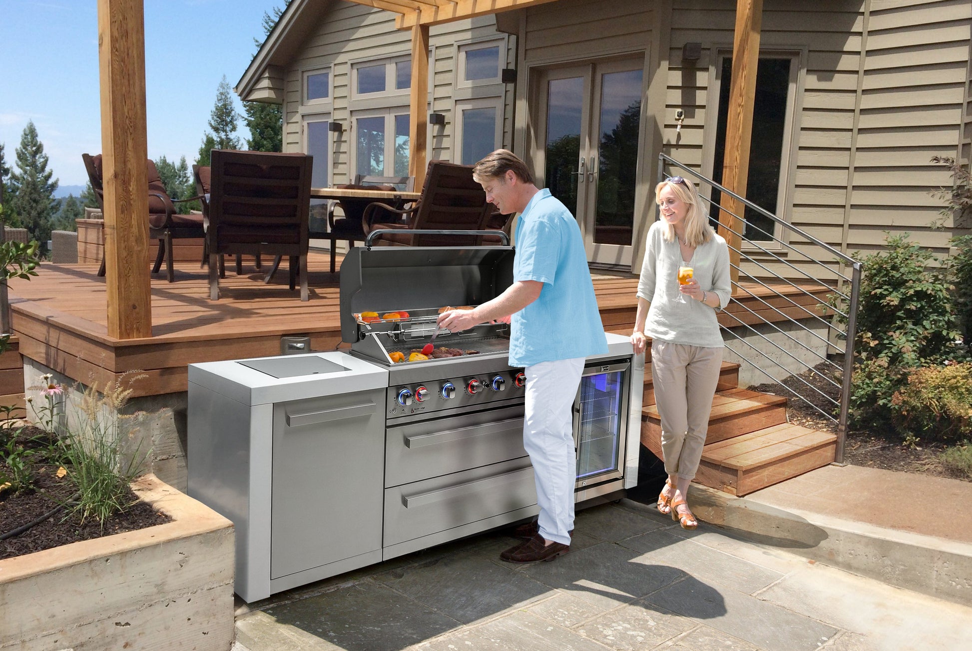 Mont Alpi Islands Mont Alpi 805 Deluxe Island with Fridge Cabinet / 6-Burner Grill, 2 Infrared Burners, Fridge, Stainless Steel, Waterfall Sides  / MAi805-DFC