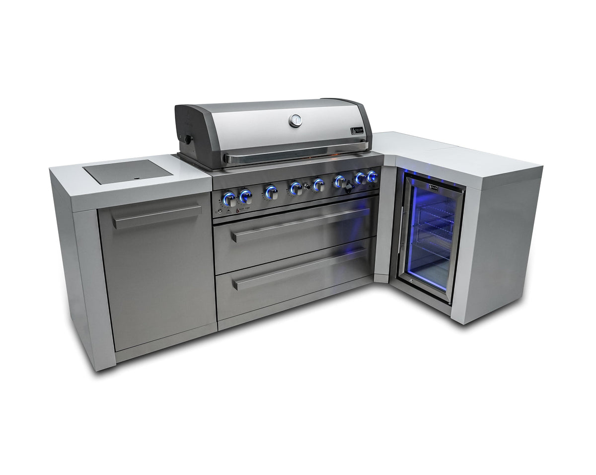 Mont Alpi Islands Mont Alpi 805 Deluxe Island with Fridge Cabinet and 90 Degree Corner / 6-Burner Grill, 2 Infrared Burners, Fridge, Stainless Steel / MAi805-D90FC