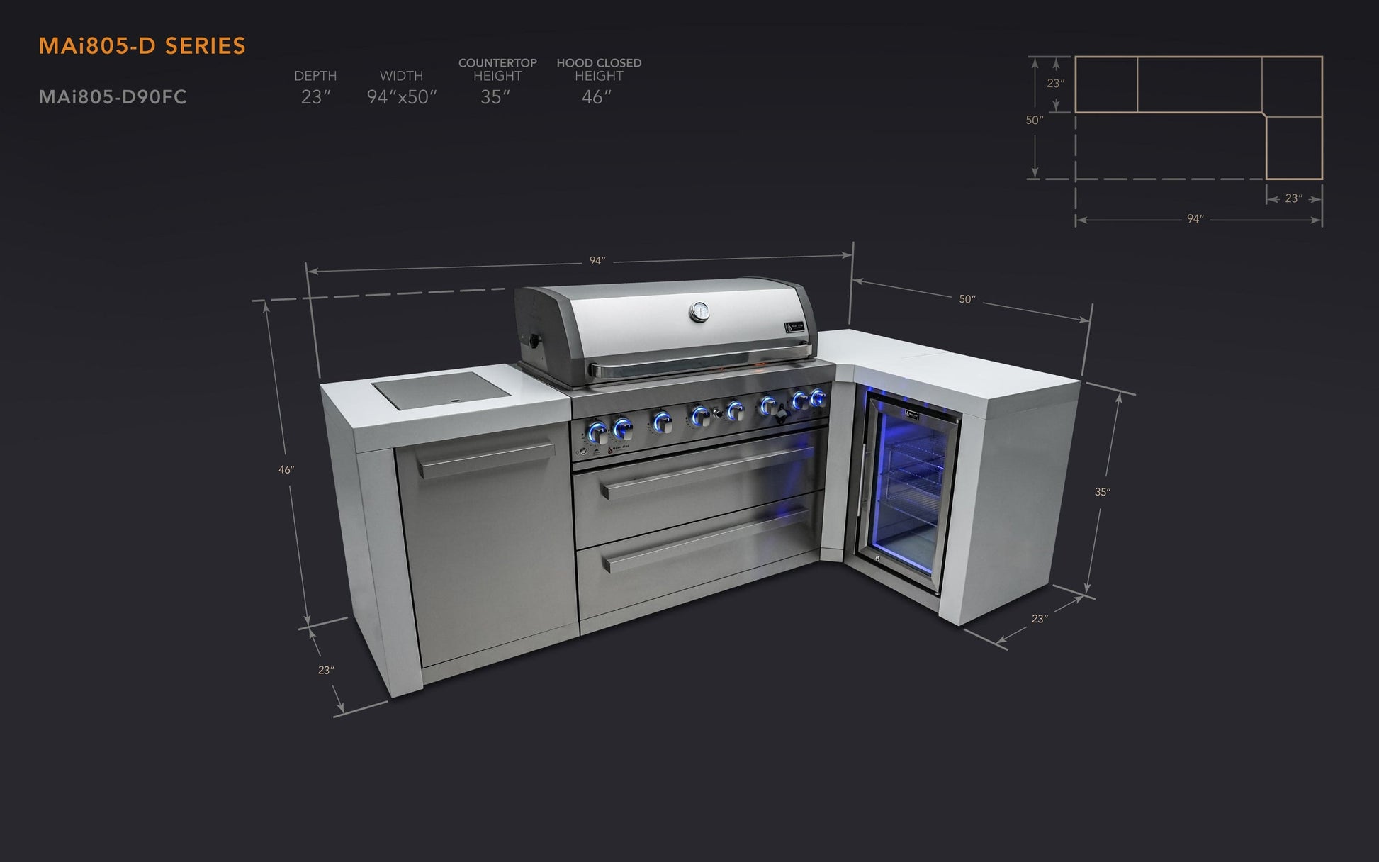 Mont Alpi Islands Mont Alpi 805 Deluxe Island with Fridge Cabinet and 90 Degree Corner / 6-Burner Grill, 2 Infrared Burners, Fridge, Stainless Steel / MAi805-D90FC