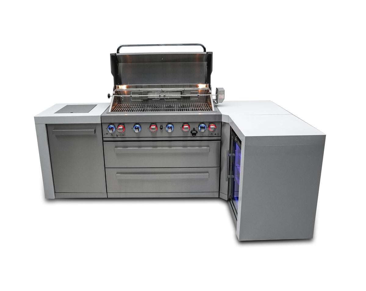 Mont Alpi Islands Mont Alpi 805 Deluxe Island with Fridge Cabinet and 90 Degree Corner / 6-Burner Grill, 2 Infrared Burners, Fridge, Stainless Steel / MAi805-D90FC