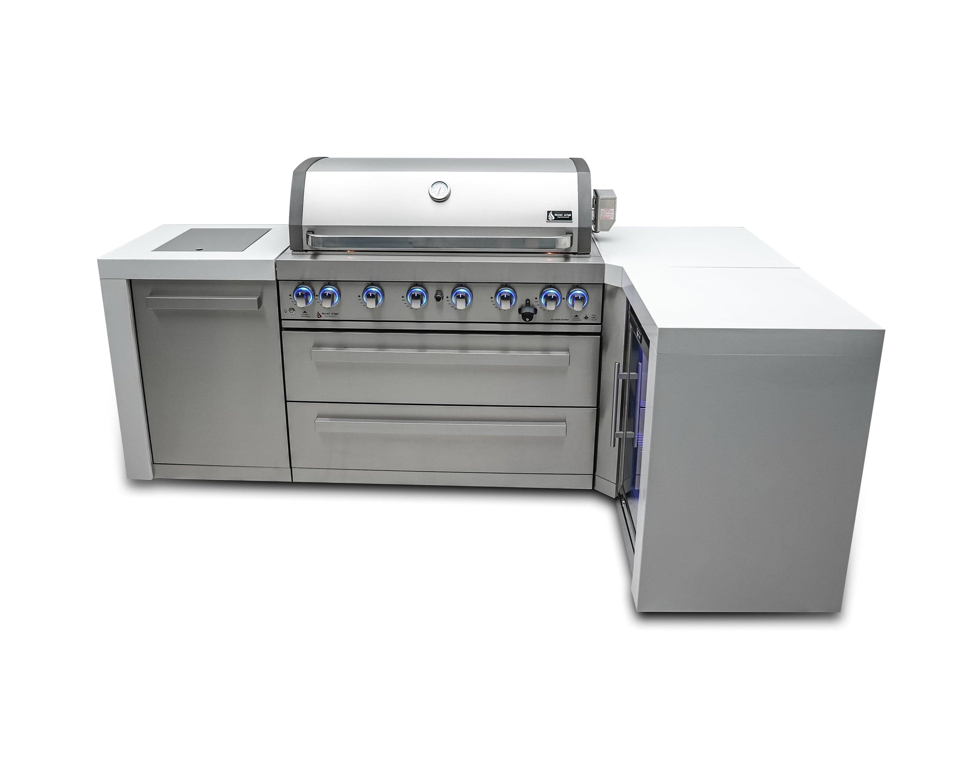 Mont Alpi Islands Mont Alpi 805 Deluxe Island with Fridge Cabinet and 90 Degree Corner / 6-Burner Grill, 2 Infrared Burners, Fridge, Stainless Steel / MAi805-D90FC