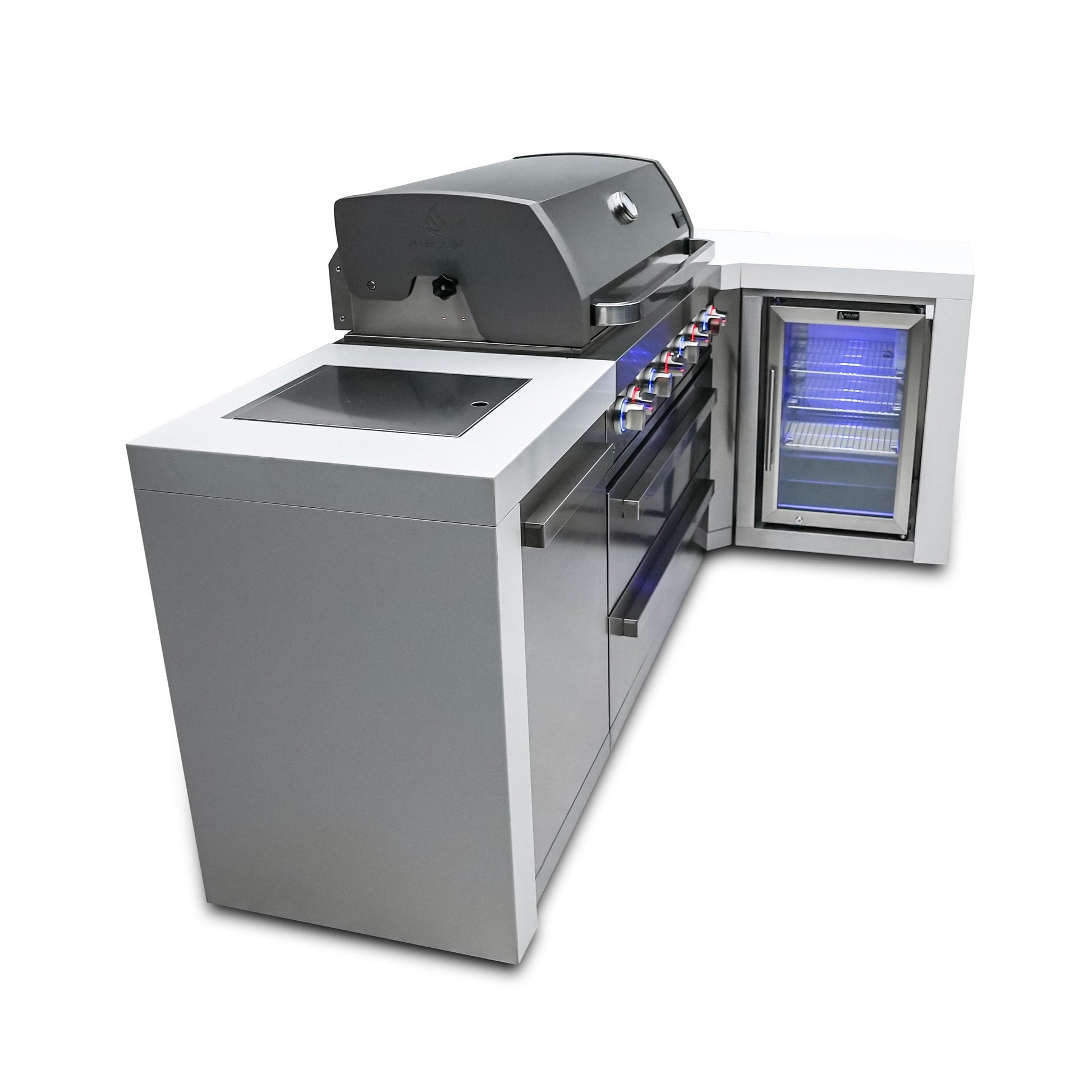 Mont Alpi Islands Mont Alpi 805 Deluxe Island with Fridge Cabinet and 90 Degree Corner / 6-Burner Grill, 2 Infrared Burners, Fridge, Stainless Steel / MAi805-D90FC