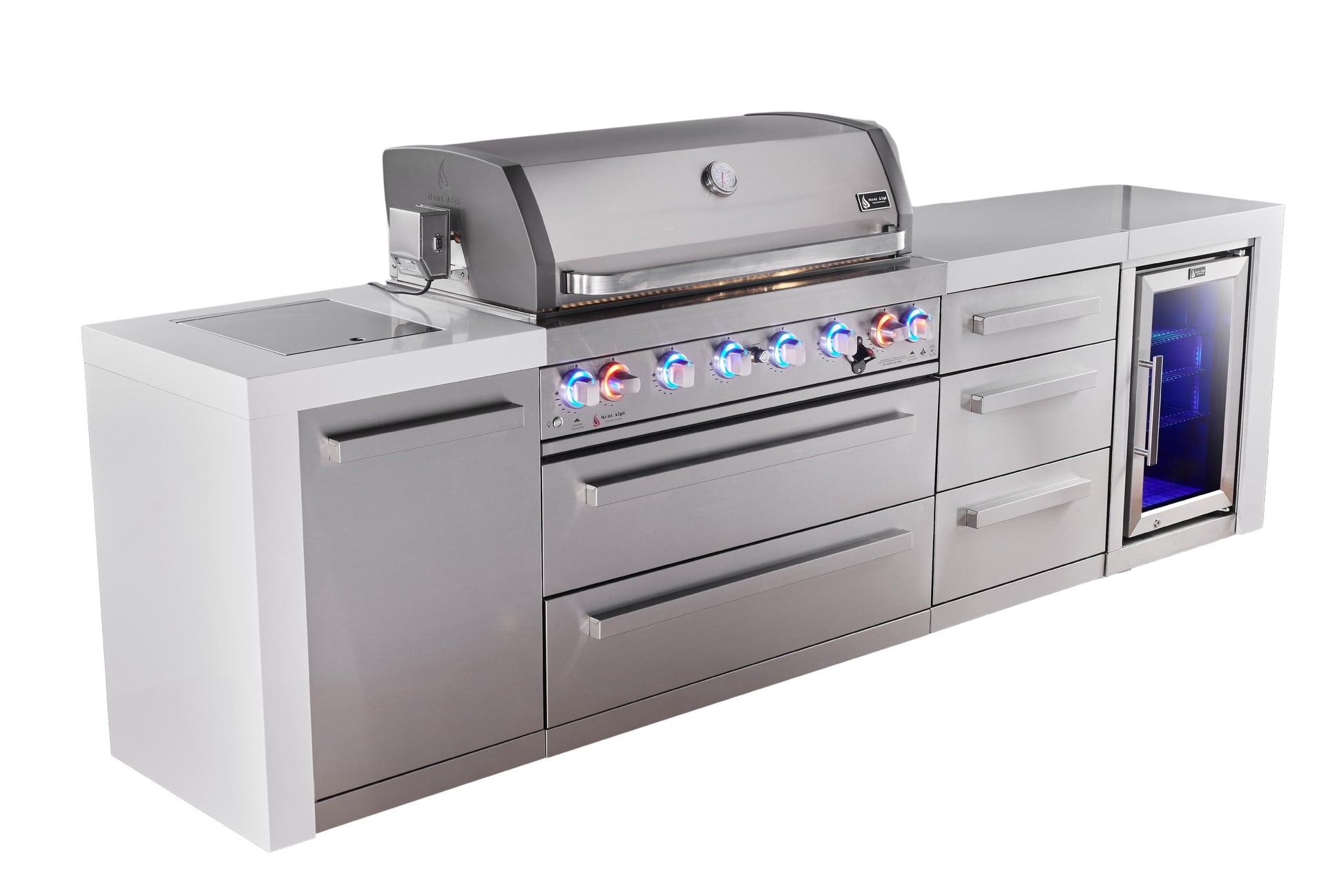 Mont Alpi Islands Mont Alpi 805 Deluxe Island with Fridge Cabinet and Drawer Cabinet | 6-Burner Grill, 3 Drawers, Fridge, Stainless Steel | MAi805-DFCDR