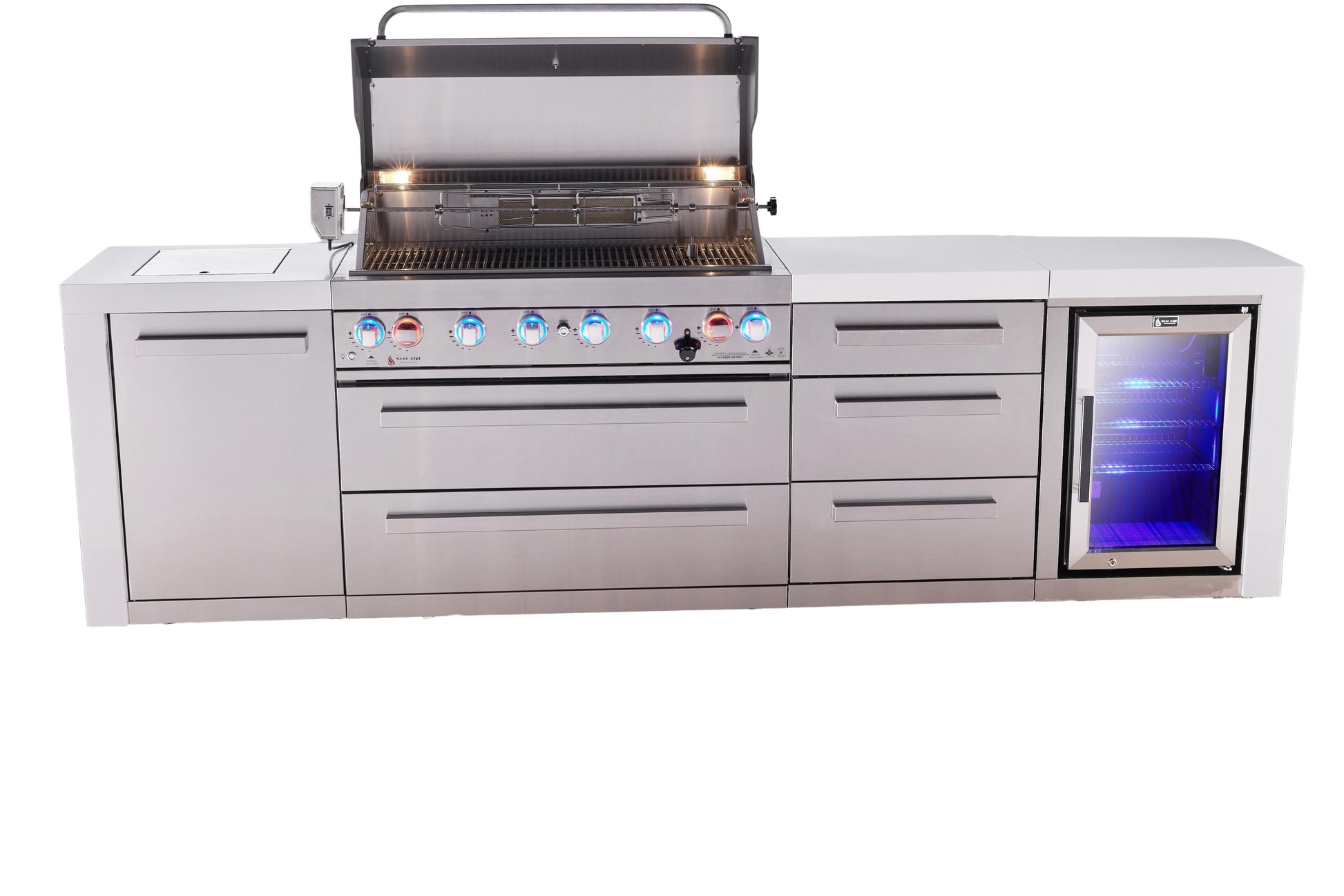 Mont Alpi Islands Mont Alpi 805 Deluxe Island with Fridge Cabinet and Drawer Cabinet | 6-Burner Grill, 3 Drawers, Fridge, Stainless Steel | MAi805-DFCDR