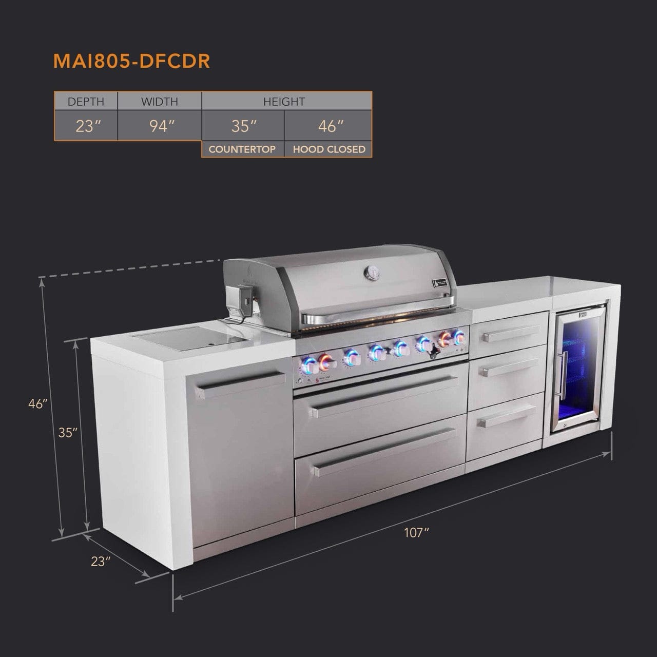 Mont Alpi Islands Mont Alpi 805 Deluxe Island with Fridge Cabinet and Drawer Cabinet | 6-Burner Grill, 3 Drawers, Fridge, Stainless Steel | MAi805-DFCDR