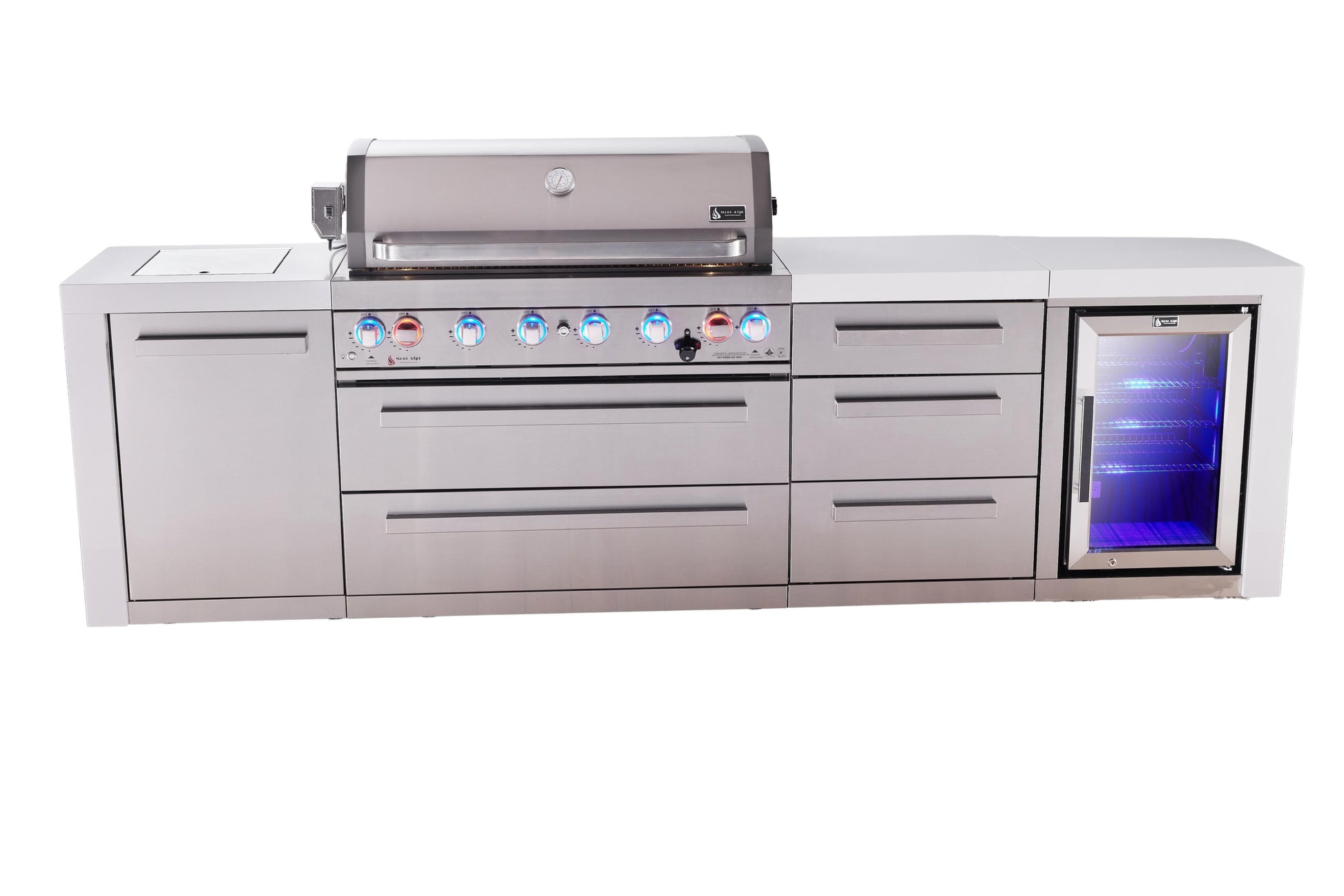 Mont Alpi Islands Mont Alpi 805 Deluxe Island with Fridge Cabinet and Drawer Cabinet | 6-Burner Grill, 3 Drawers, Fridge, Stainless Steel | MAi805-DFCDR