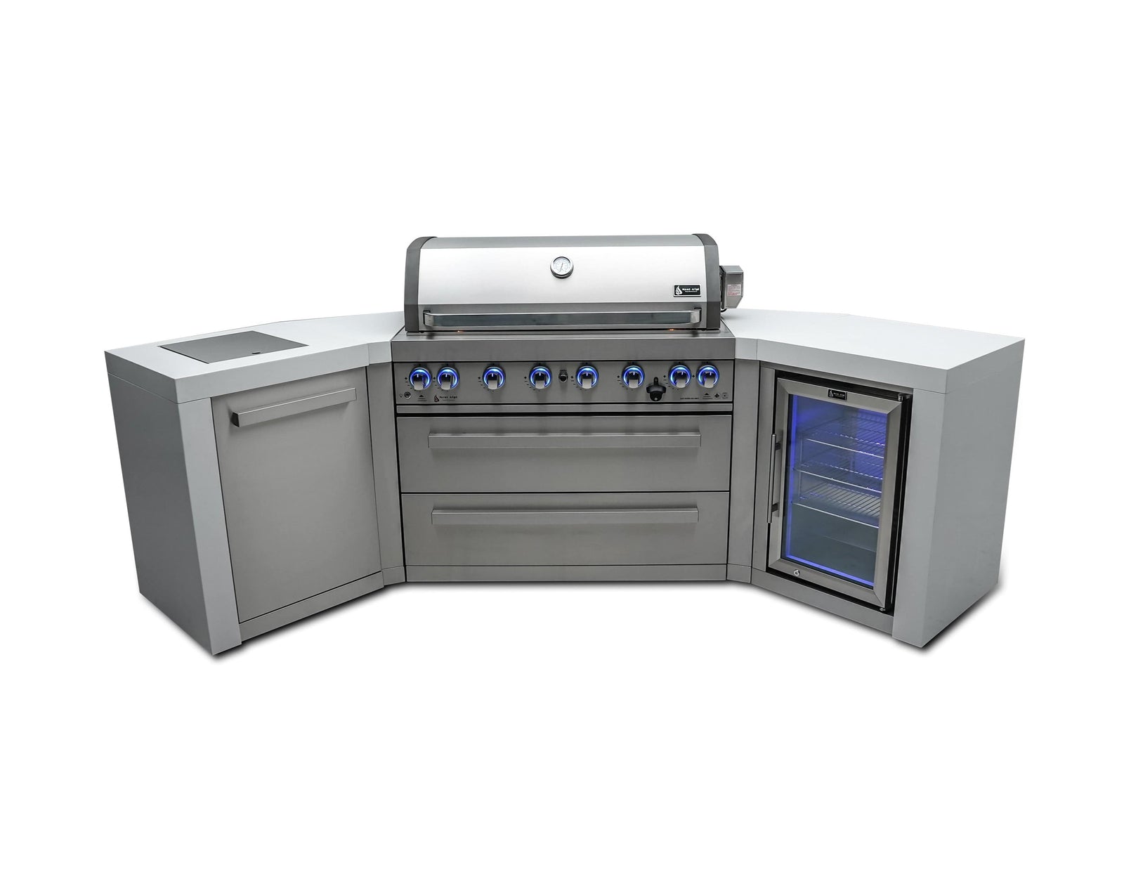 Mont Alpi Islands Mont Alpi 805 Deluxe Island with Fridge Cabinet and Two 45 Degree Corners / 6-Burner Grill, 2 Infrared Burners, Fridge, Stainless Steel / MAi805-D45FC