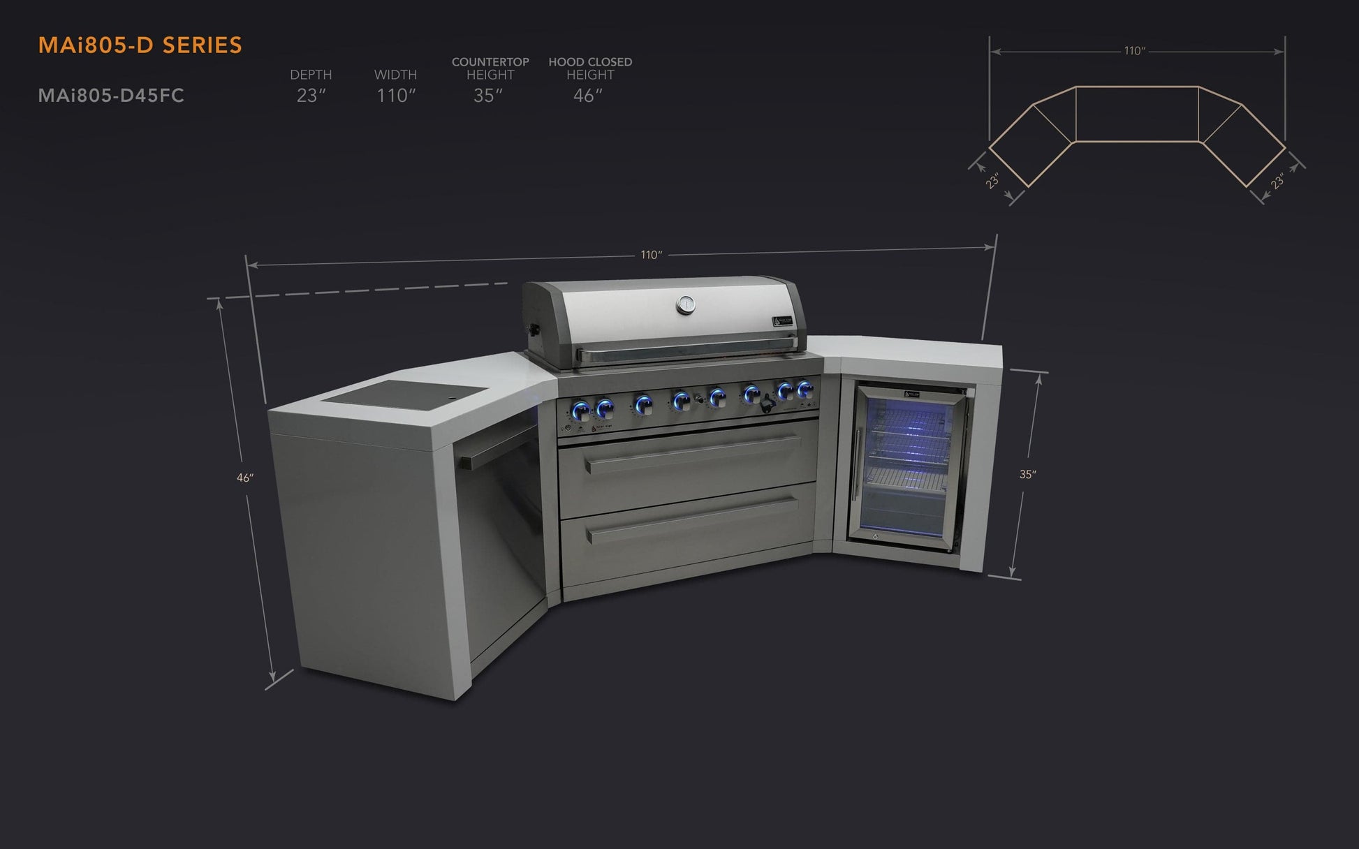 Mont Alpi Islands Mont Alpi 805 Deluxe Island with Fridge Cabinet and Two 45 Degree Corners / 6-Burner Grill, 2 Infrared Burners, Fridge, Stainless Steel / MAi805-D45FC