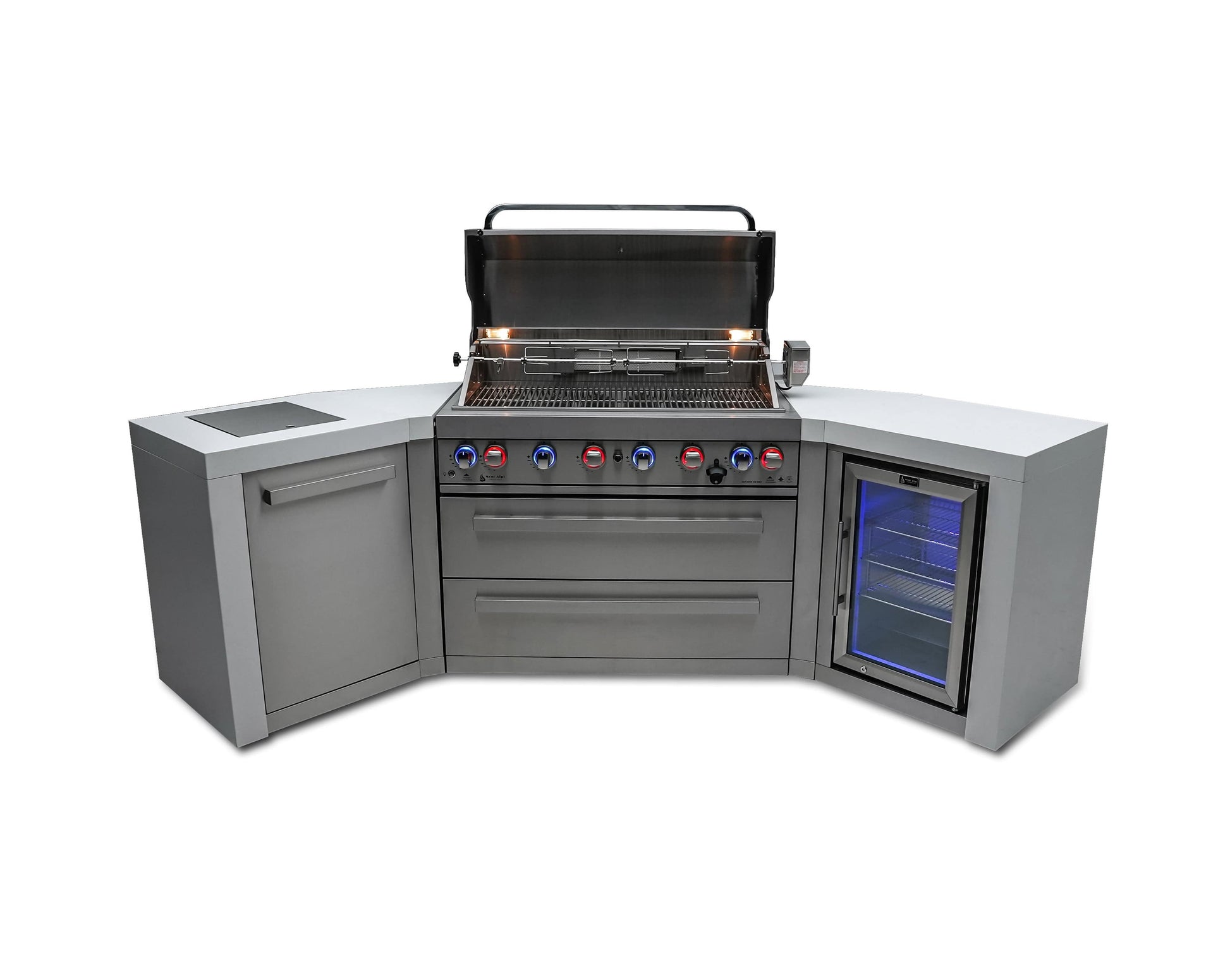 Mont Alpi Islands Mont Alpi 805 Deluxe Island with Fridge Cabinet and Two 45 Degree Corners / 6-Burner Grill, 2 Infrared Burners, Fridge, Stainless Steel / MAi805-D45FC