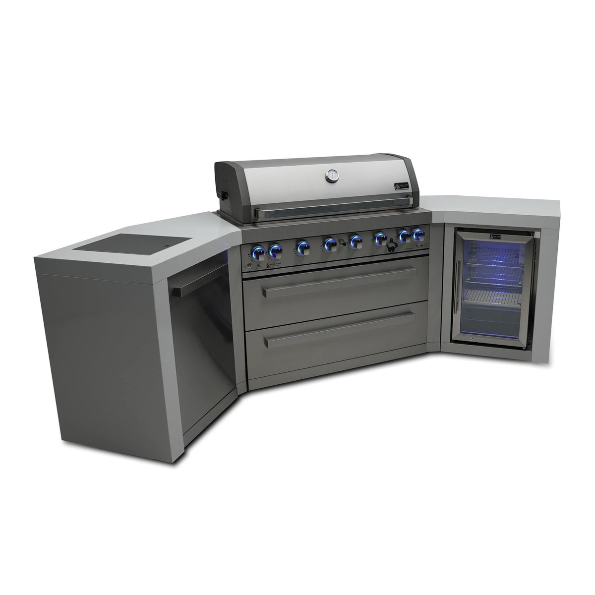 Mont Alpi Islands Mont Alpi 805 Deluxe Island with Fridge Cabinet and Two 45 Degree Corners / 6-Burner Grill, 2 Infrared Burners, Fridge, Stainless Steel / MAi805-D45FC