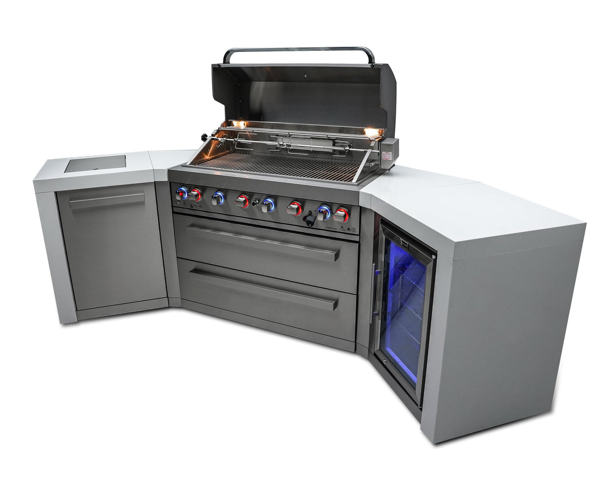 Mont Alpi Islands Mont Alpi 805 Deluxe Island with Fridge Cabinet and Two 45 Degree Corners / 6-Burner Grill, 2 Infrared Burners, Fridge, Stainless Steel / MAi805-D45FC