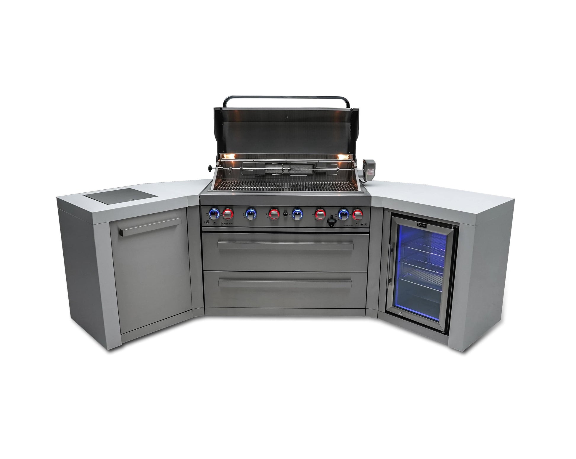 Mont Alpi Islands Mont Alpi 805 Deluxe Island with Fridge Cabinet and Two 45 Degree Corners / 6-Burner Grill, 2 Infrared Burners, Fridge, Stainless Steel / MAi805-D45FC