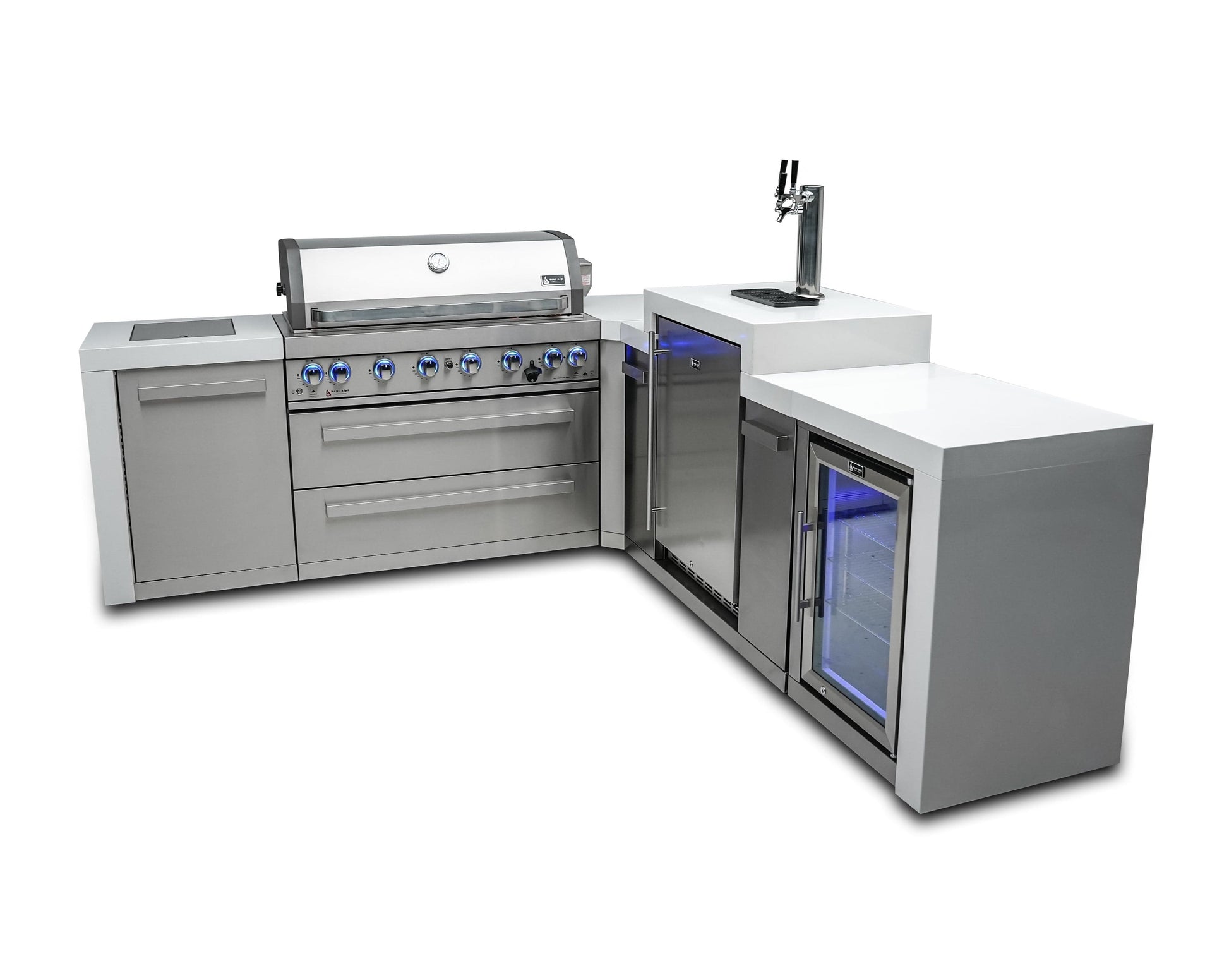 Mont Alpi Islands Mont Alpi 805 Deluxe Island with Fridge Cabinet, Kegerator, and 90 Degree Corner / 6-Burner Grill, 2 Infrared Burners, Fridge, 3 Beer Taps, Stainless Steel / MAi805-D90KEGFC
