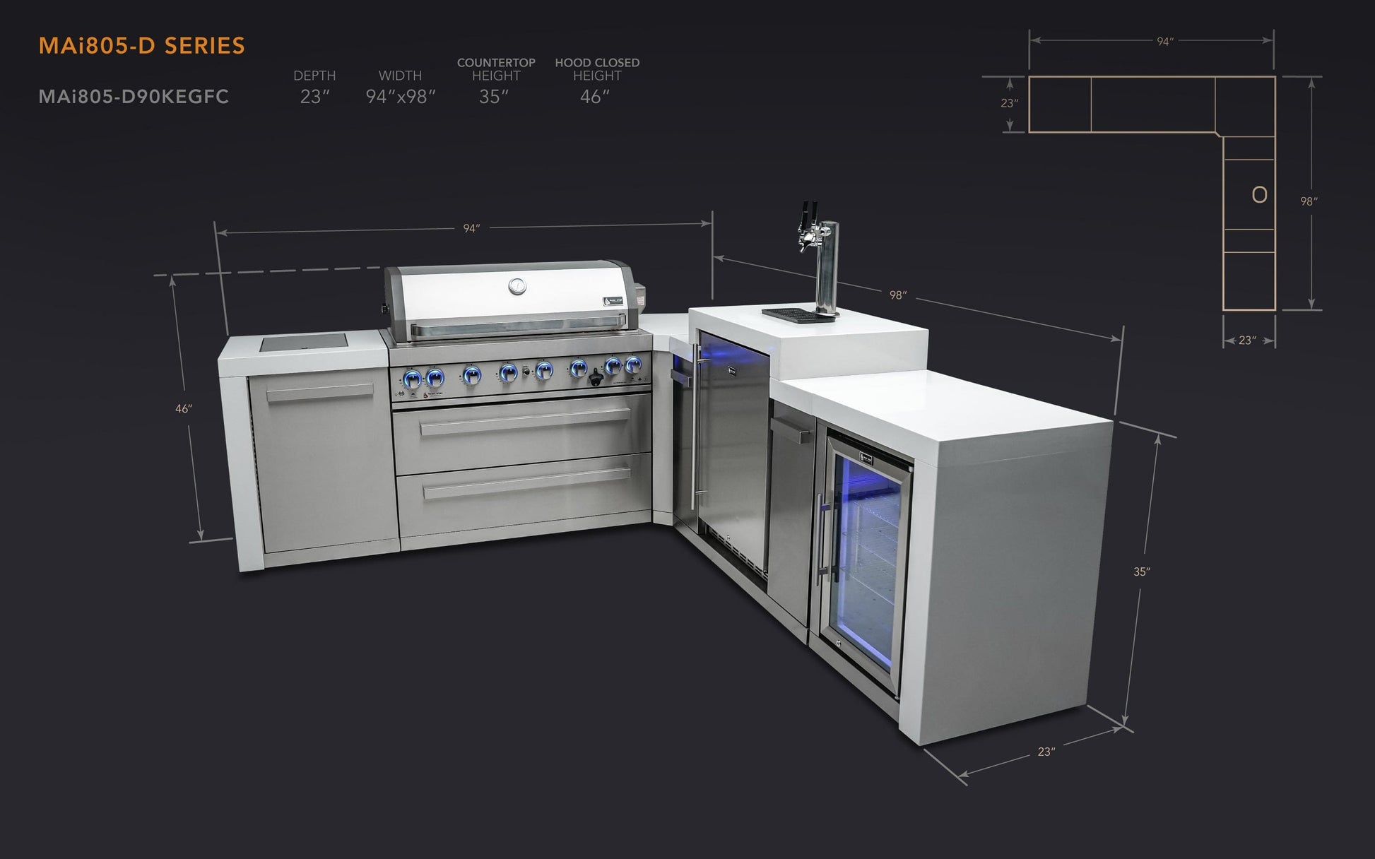 Mont Alpi Islands Mont Alpi 805 Deluxe Island with Fridge Cabinet, Kegerator, and 90 Degree Corner / 6-Burner Grill, 2 Infrared Burners, Fridge, 3 Beer Taps, Stainless Steel / MAi805-D90KEGFC