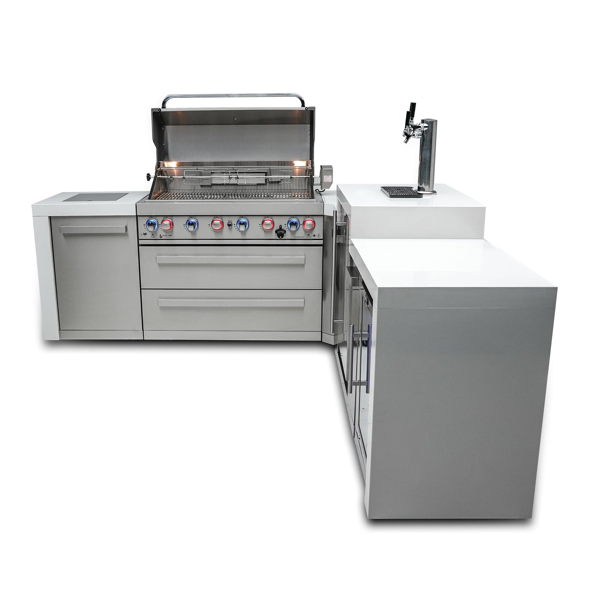 Mont Alpi Islands Mont Alpi 805 Deluxe Island with Fridge Cabinet, Kegerator, and 90 Degree Corner / 6-Burner Grill, 2 Infrared Burners, Fridge, 3 Beer Taps, Stainless Steel / MAi805-D90KEGFC