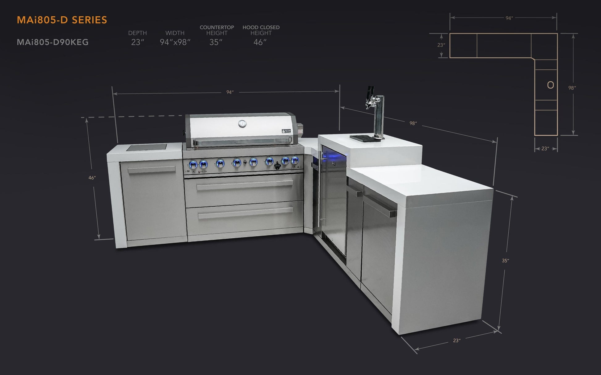 Mont Alpi Islands Mont Alpi 805 Deluxe Island with Kegerator and 90 Degree Corner / 6-Burner Grill, 2 Infrared Burners, 3 Beer Taps, Stainless Steel / MAi805-D90KEG