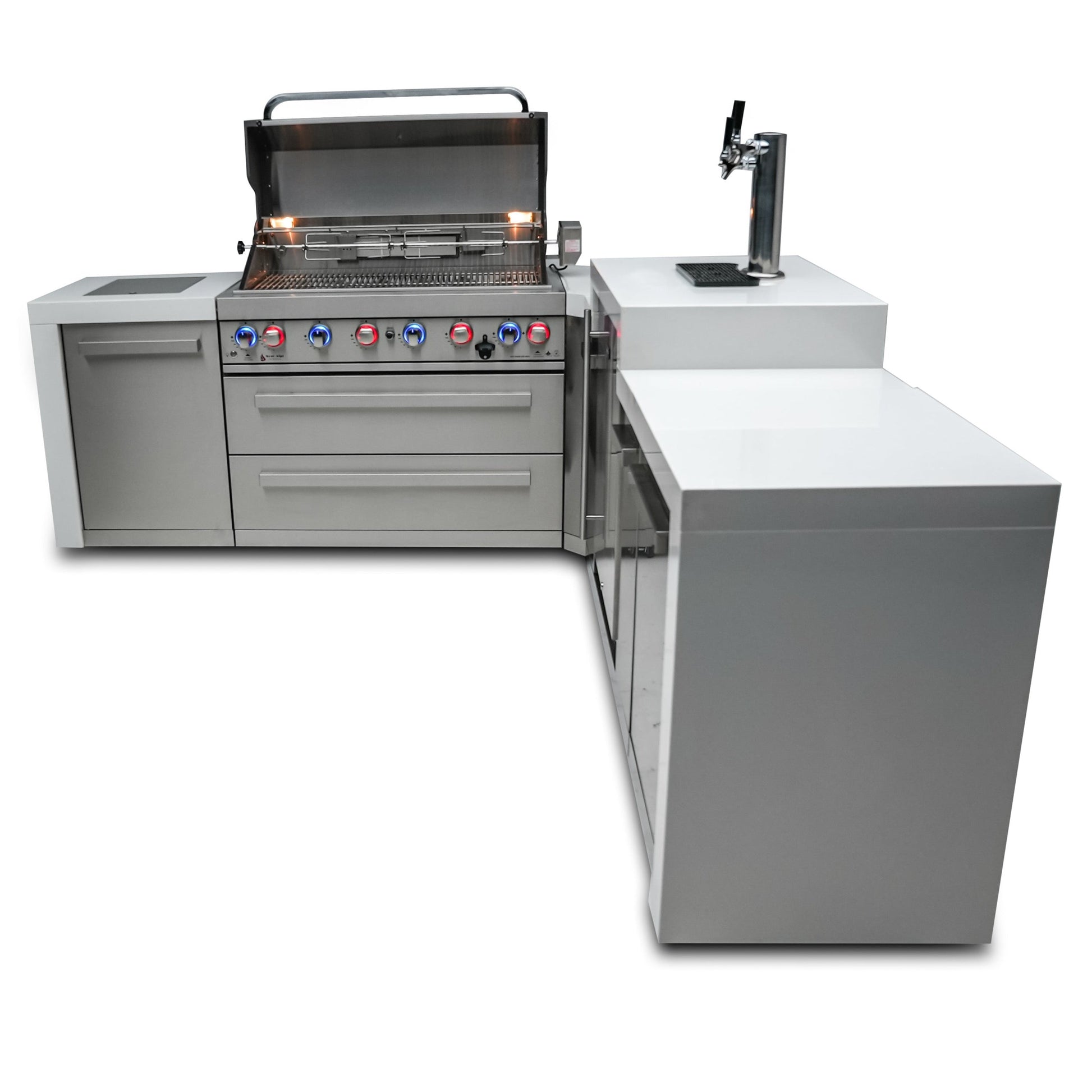 Mont Alpi Islands Mont Alpi 805 Deluxe Island with Kegerator and 90 Degree Corner / 6-Burner Grill, 2 Infrared Burners, 3 Beer Taps, Stainless Steel / MAi805-D90KEG