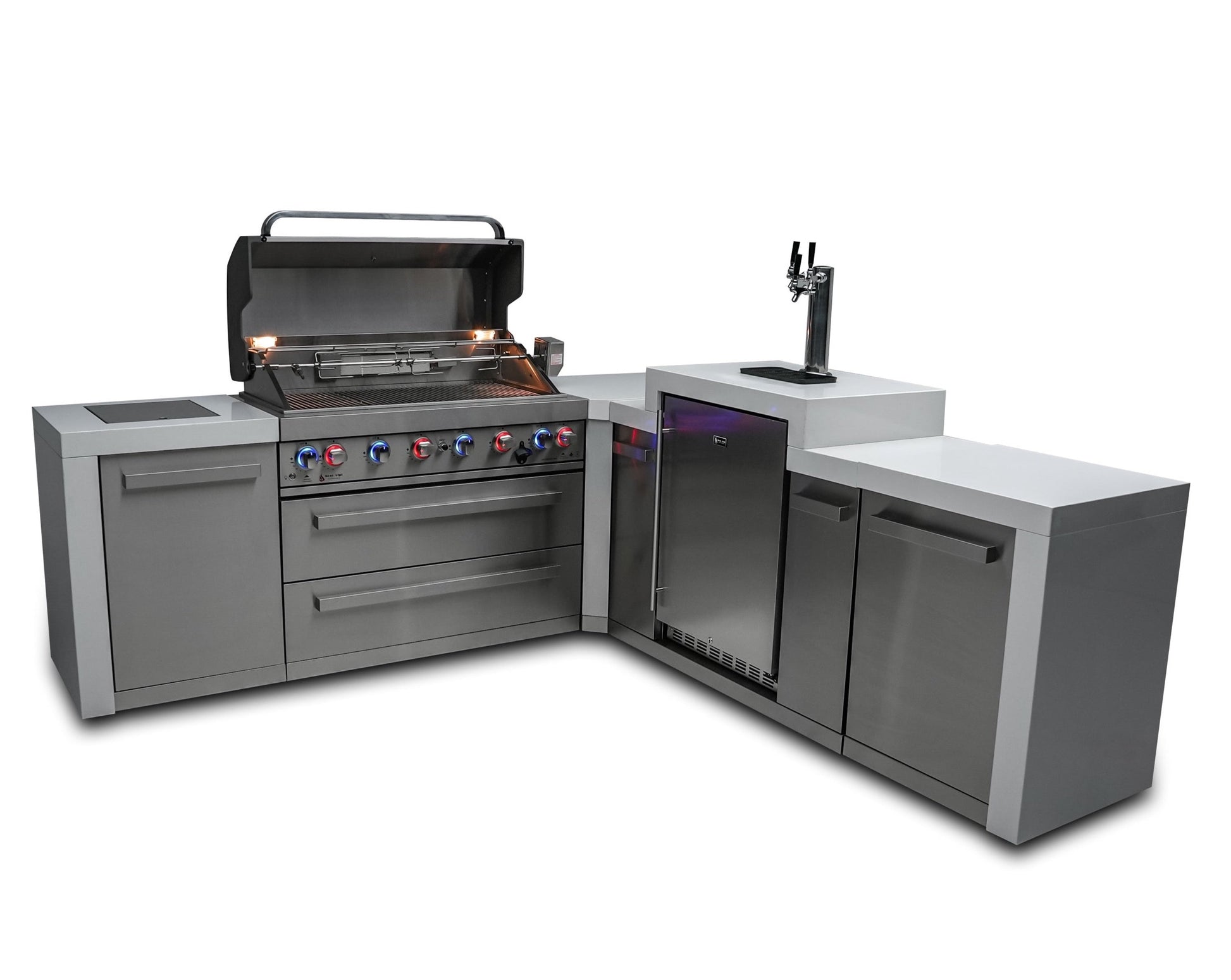 Mont Alpi Islands Mont Alpi 805 Deluxe Island with Kegerator and 90 Degree Corner / 6-Burner Grill, 2 Infrared Burners, 3 Beer Taps, Stainless Steel / MAi805-D90KEG