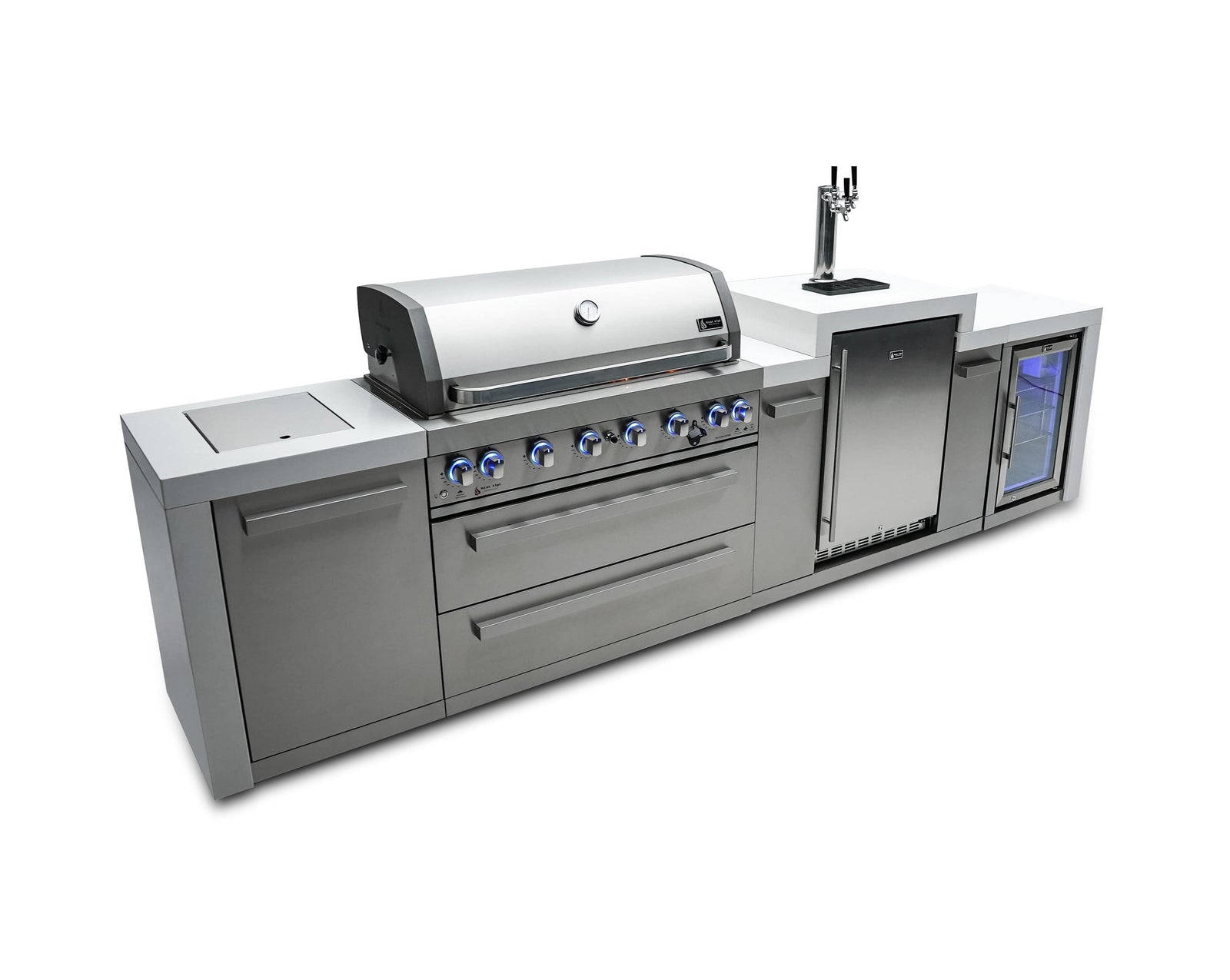 Mont Alpi Islands Mont Alpi 805 Deluxe Island with Kegerator and Fridge Cabinet / 6-Burner Grill, 2 Infrared Burners, Fridge, 3 Beer Taps, Stainless Steel / MAi805-DKEGFC