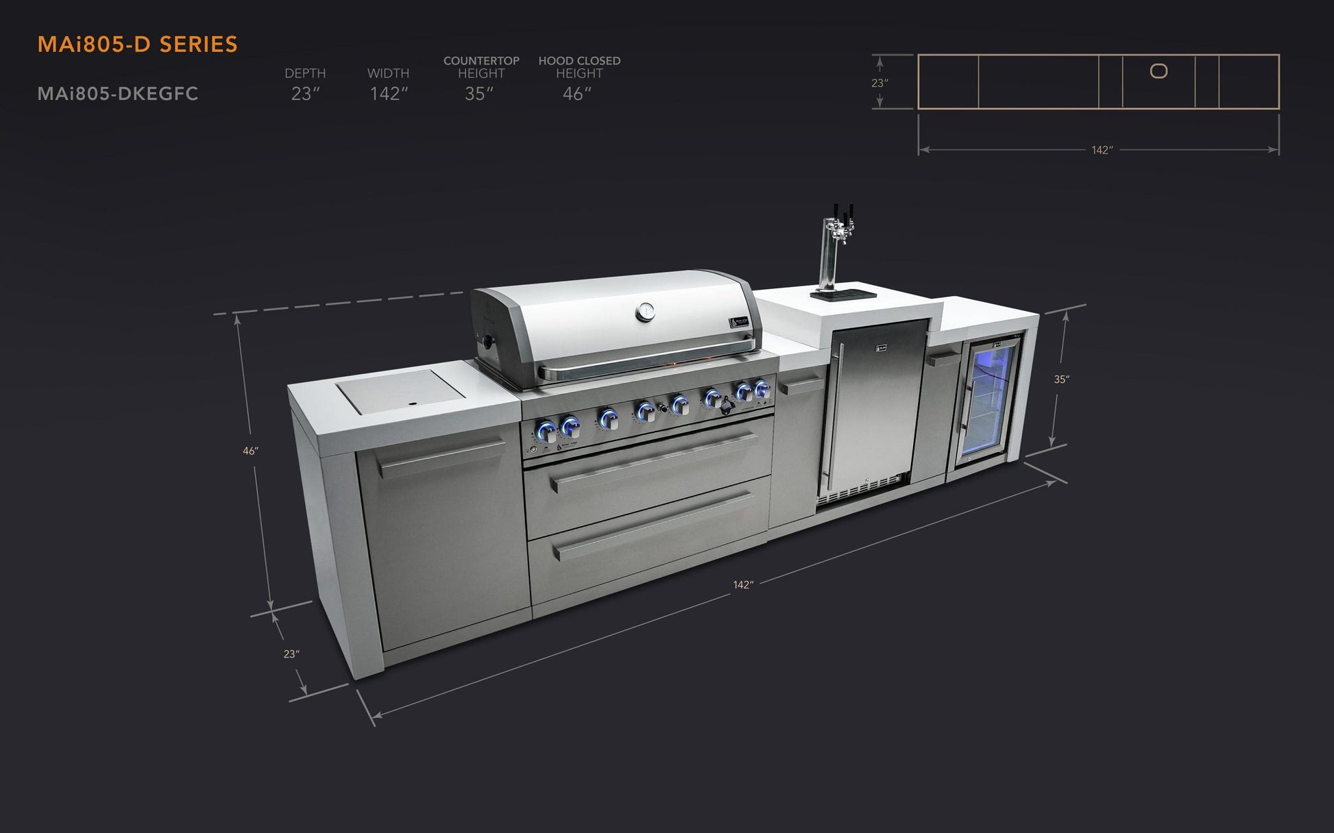 Mont Alpi Islands Mont Alpi 805 Deluxe Island with Kegerator and Fridge Cabinet / 6-Burner Grill, 2 Infrared Burners, Fridge, 3 Beer Taps, Stainless Steel / MAi805-DKEGFC