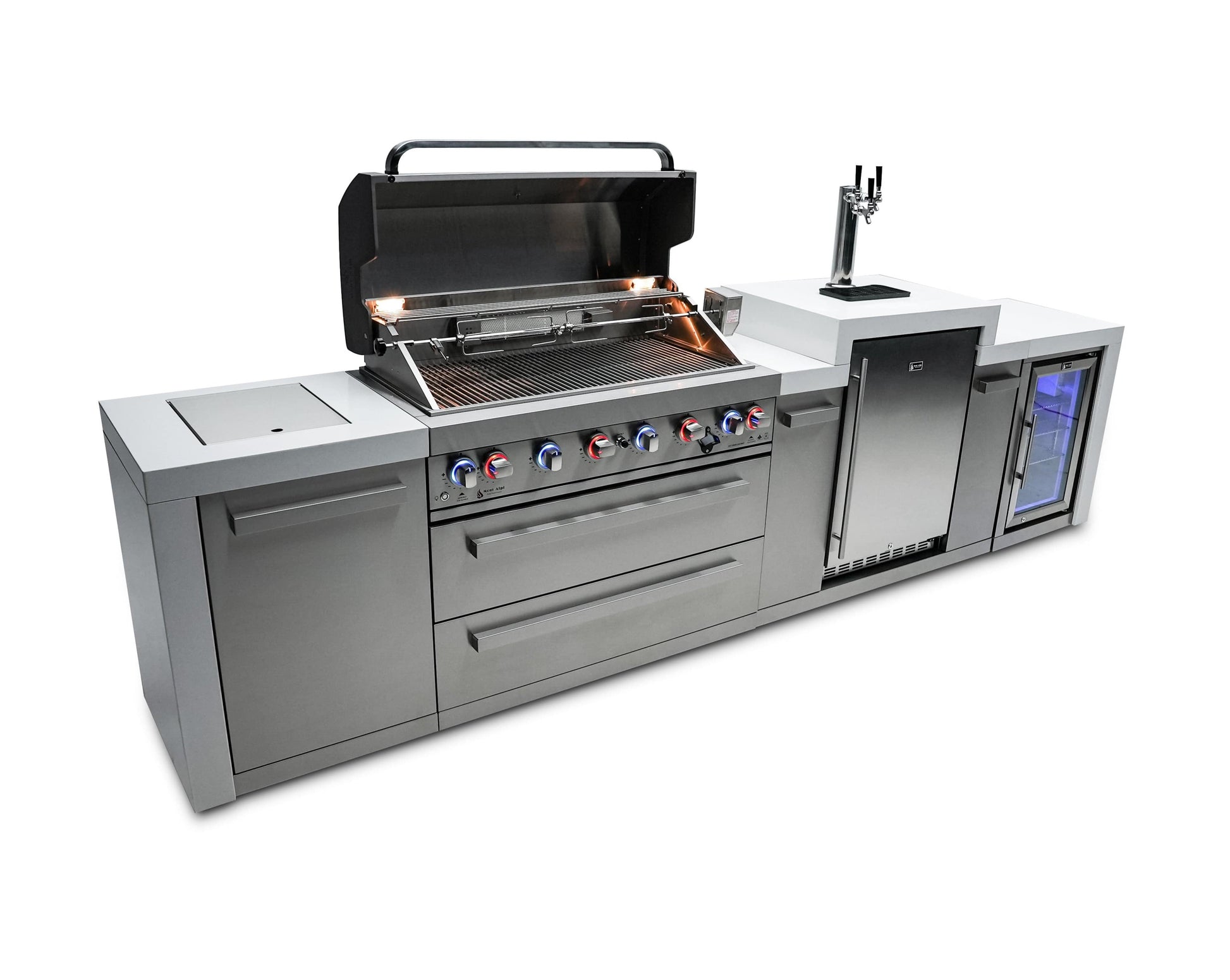 Mont Alpi Islands Mont Alpi 805 Deluxe Island with Kegerator and Fridge Cabinet / 6-Burner Grill, 2 Infrared Burners, Fridge, 3 Beer Taps, Stainless Steel / MAi805-DKEGFC