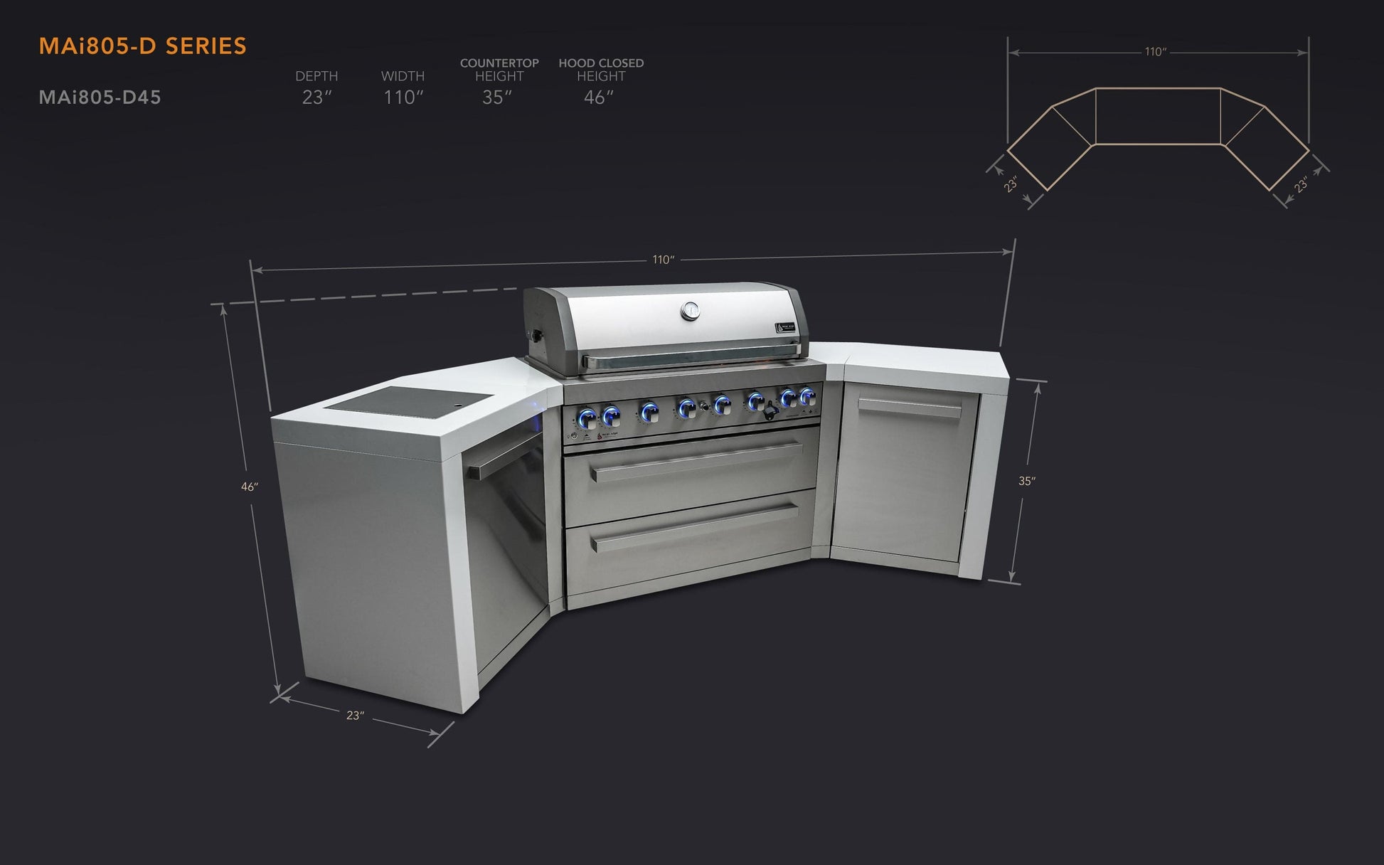 Mont Alpi Islands Mont Alpi 805 Deluxe Island with Two 45 Degree Corners/ 6-Burner Grill, 2 Infrared Burners, Stainless Steel / MAi805-D45