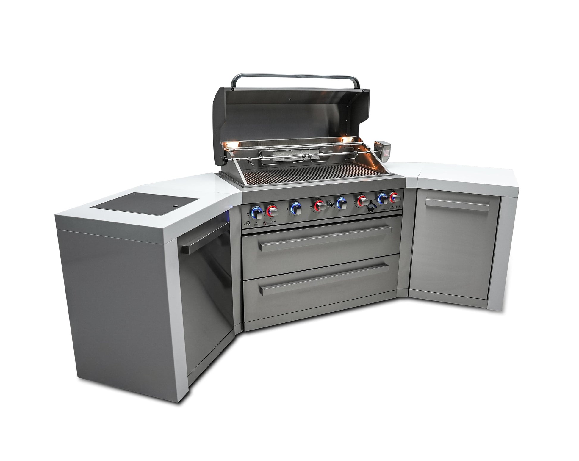 Mont Alpi Islands Mont Alpi 805 Deluxe Island with Two 45 Degree Corners/ 6-Burner Grill, 2 Infrared Burners, Stainless Steel / MAi805-D45