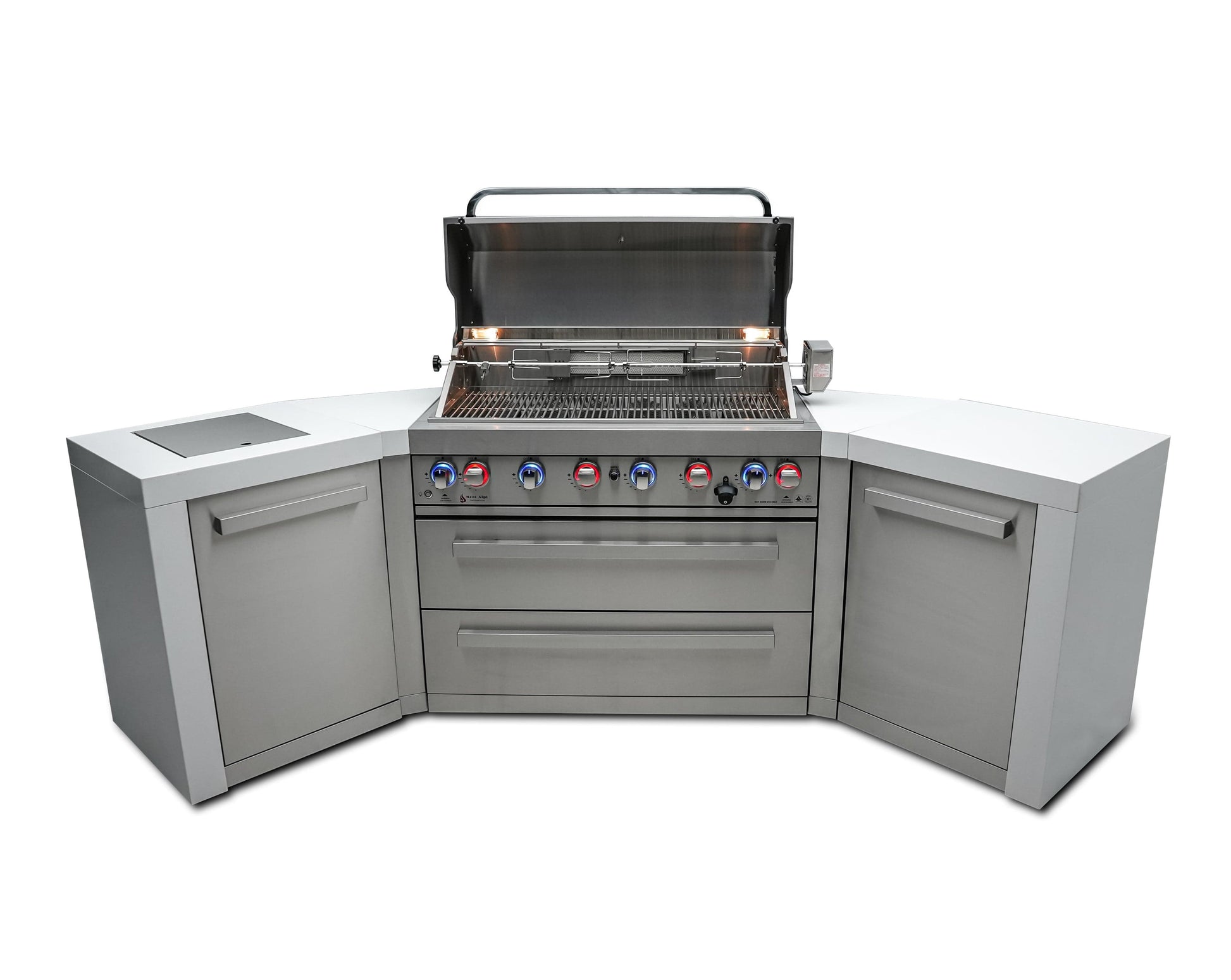 Mont Alpi Islands Mont Alpi 805 Deluxe Island with Two 45 Degree Corners/ 6-Burner Grill, 2 Infrared Burners, Stainless Steel / MAi805-D45