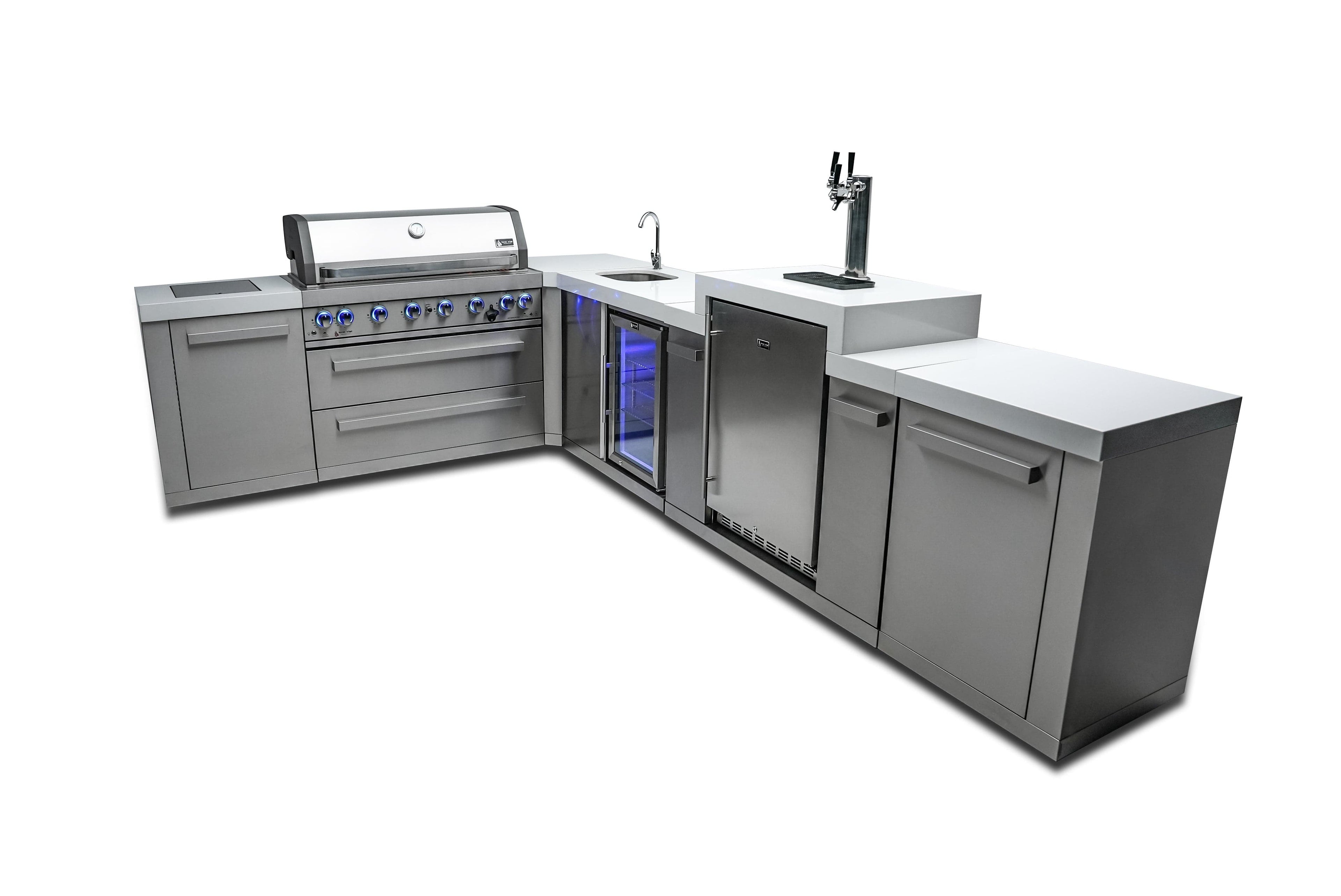 Mont Alpi Islands Mont Alpi 805 Island with Beverage Center, Kegerator, and 90 Degree Corner / 6-Burner Grill, 2 Infrared Burners, Sink, Fridge, 3 Beer Taps, Stainless Steel / MAi805-90KEGBEV