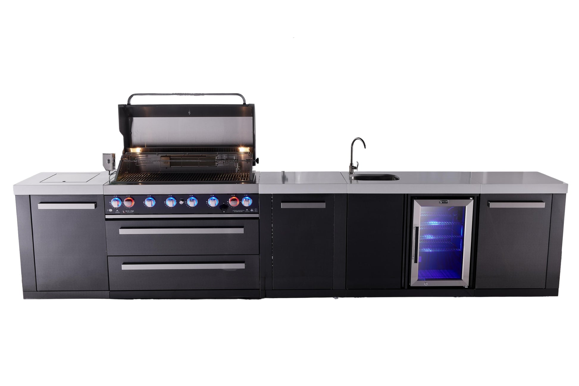 Mont Alpi Islands Mont Alpi 805 XL 157 inch Black Stainless Steel Island with Beverage Center / 6-Burner Grill, 2 Infrared Burners, Sink, Fridge, Storage Cabinet / MAi805-BSSBEVXL