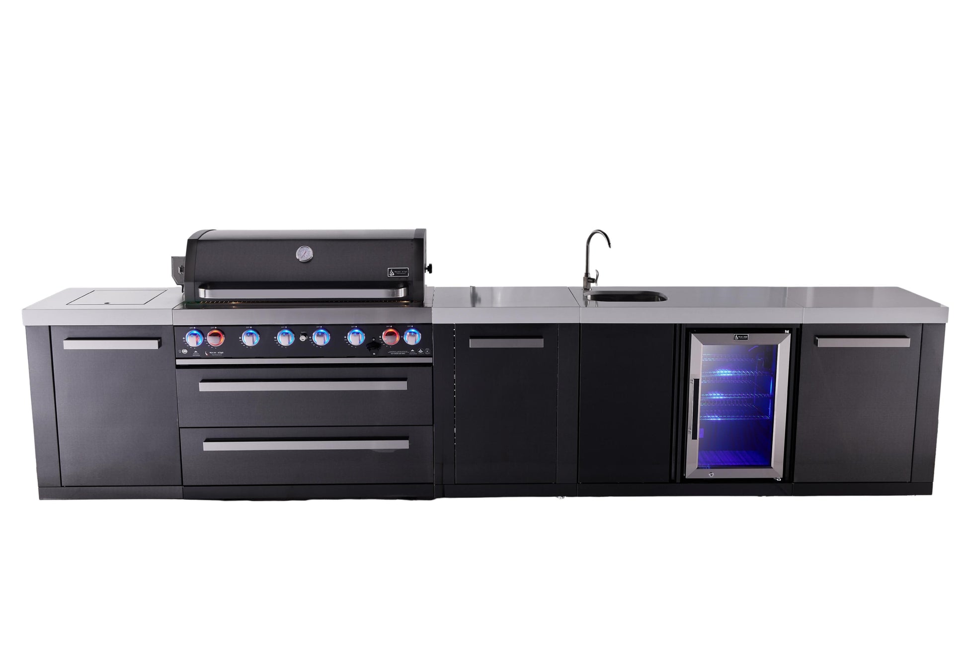 Mont Alpi Islands Mont Alpi 805 XL 157 inch Black Stainless Steel Island with Beverage Center / 6-Burner Grill, 2 Infrared Burners, Sink, Fridge, Storage Cabinet / MAi805-BSSBEVXL