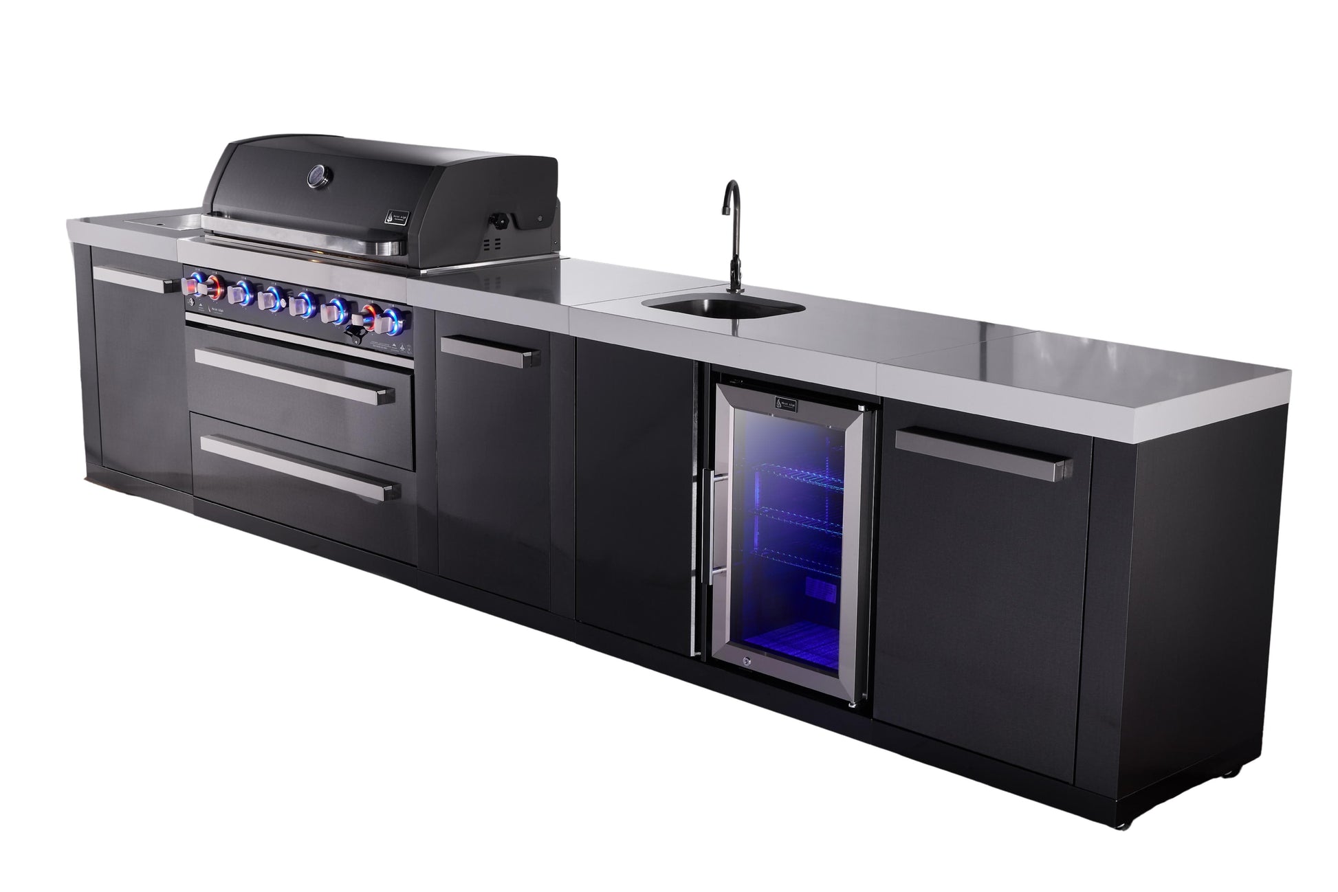 Mont Alpi Islands Mont Alpi 805 XL 157 inch Black Stainless Steel Island with Beverage Center / 6-Burner Grill, 2 Infrared Burners, Sink, Fridge, Storage Cabinet / MAi805-BSSBEVXL