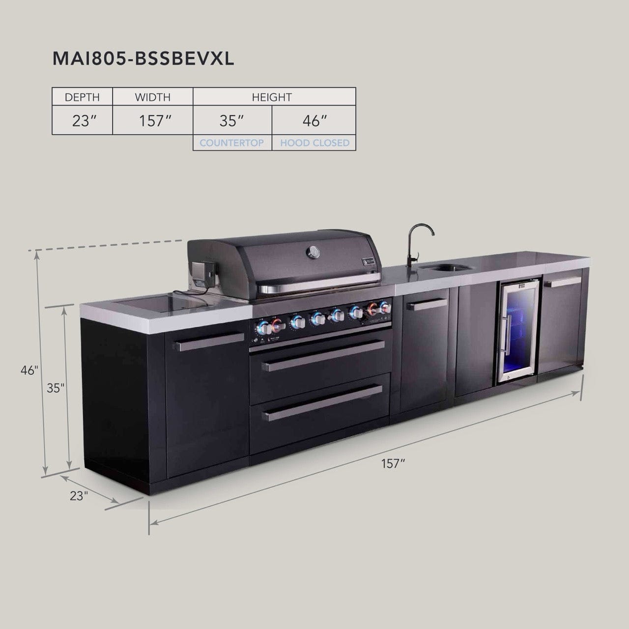 Mont Alpi Islands Mont Alpi 805 XL 157 inch Black Stainless Steel Island with Beverage Center / 6-Burner Grill, 2 Infrared Burners, Sink, Fridge, Storage Cabinet / MAi805-BSSBEVXL