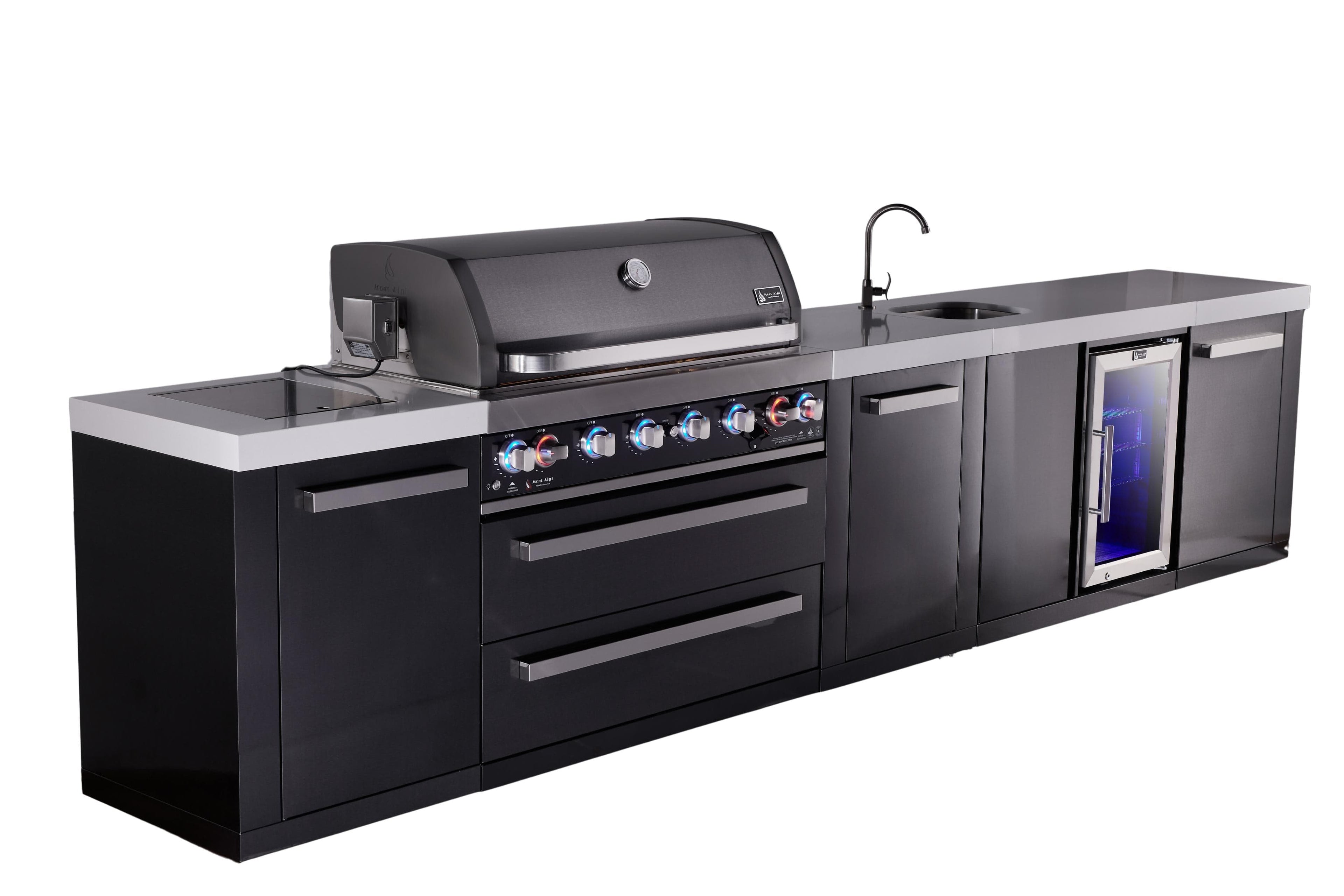 Premium black outdoor kitchen with Mont Alpi grill, sink, glass door mini fridge, and sleek storage cabinets.