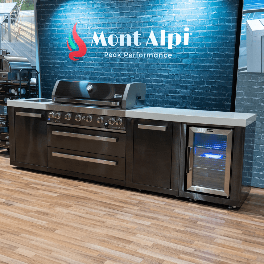 Mont Alpi Islands Mont Alpi 805 XL Black Stainless Steel Island with Fridge Cabinet / 6-Burner Grill, 2 Infrared Burners, Fridge, Storage Cabinet  / MAi805-BSSFCXL